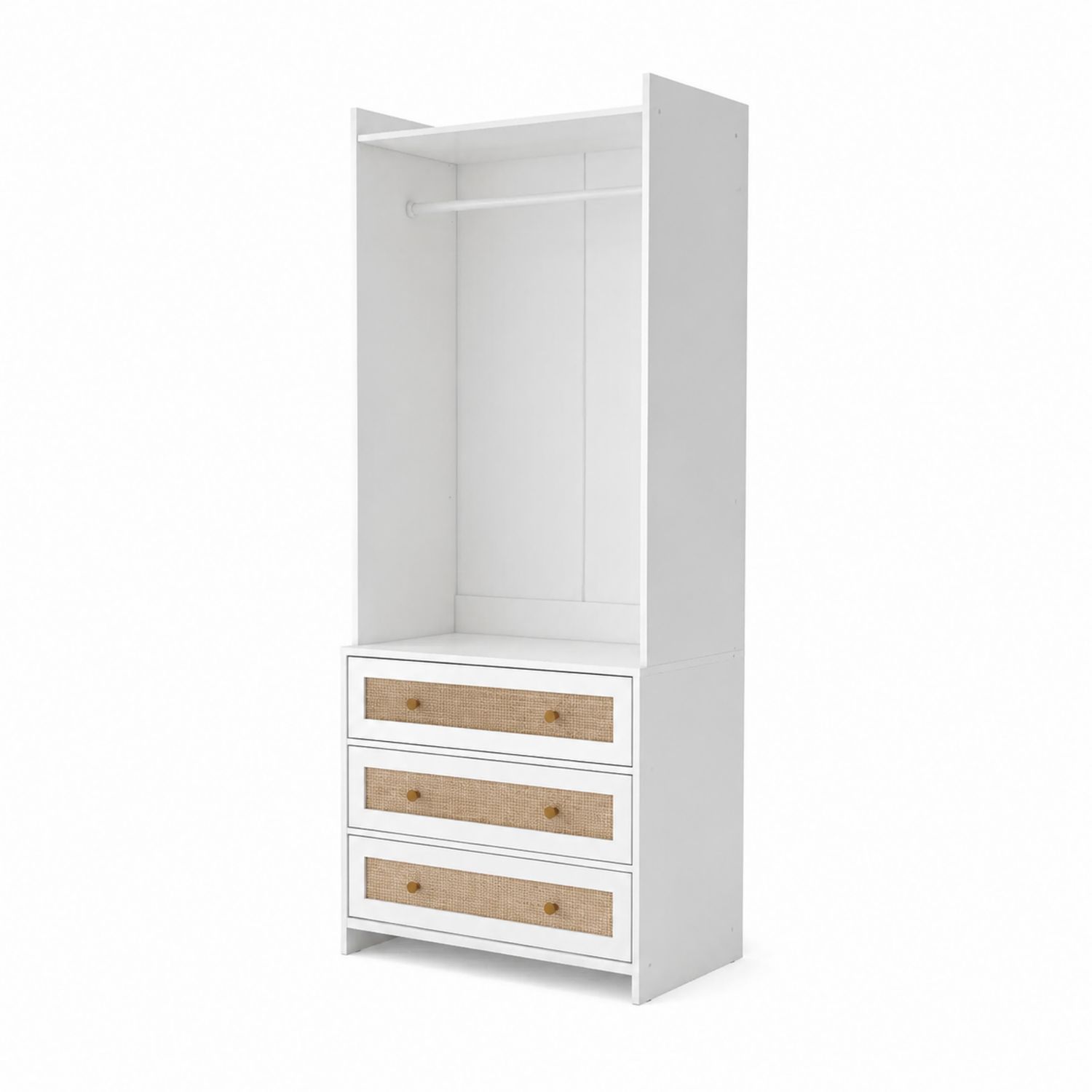 Weißer Holz-Kleiderschrank mit Juteschubladen