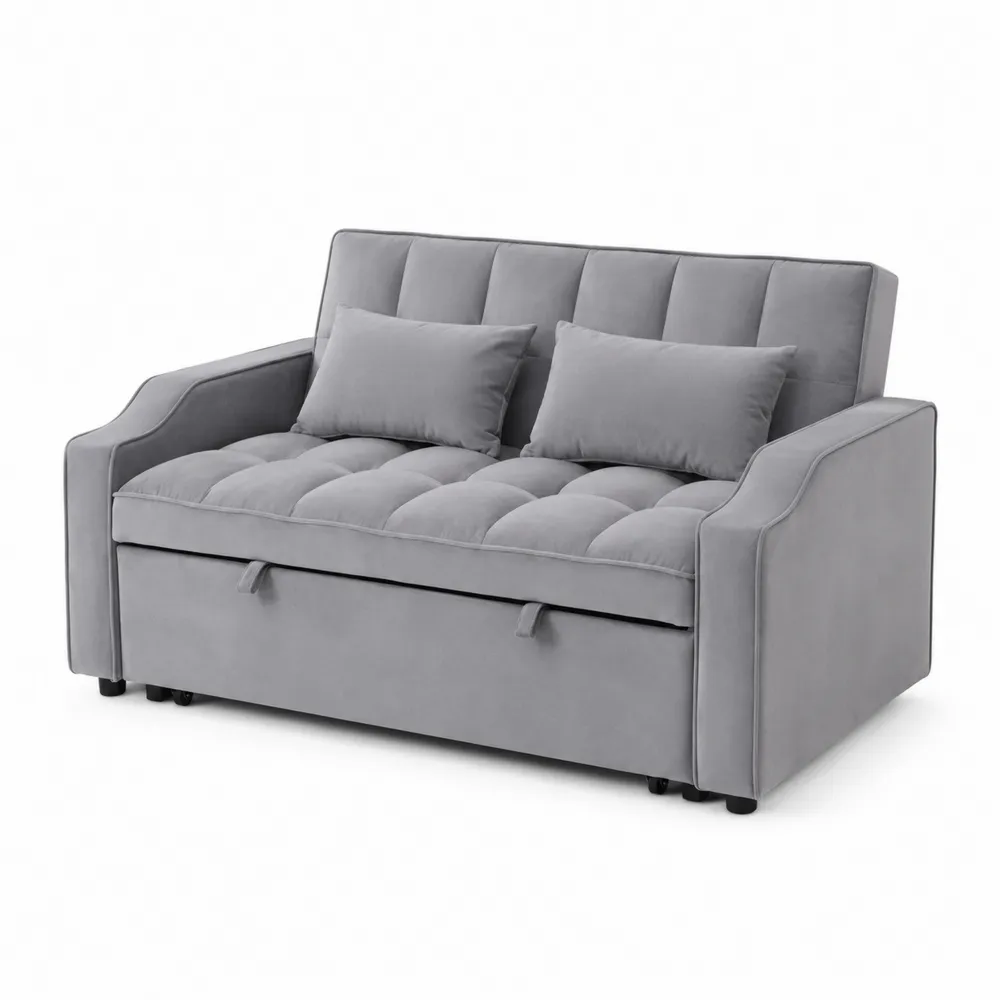 Sofa welurowa rozkładana szara z poduszkami