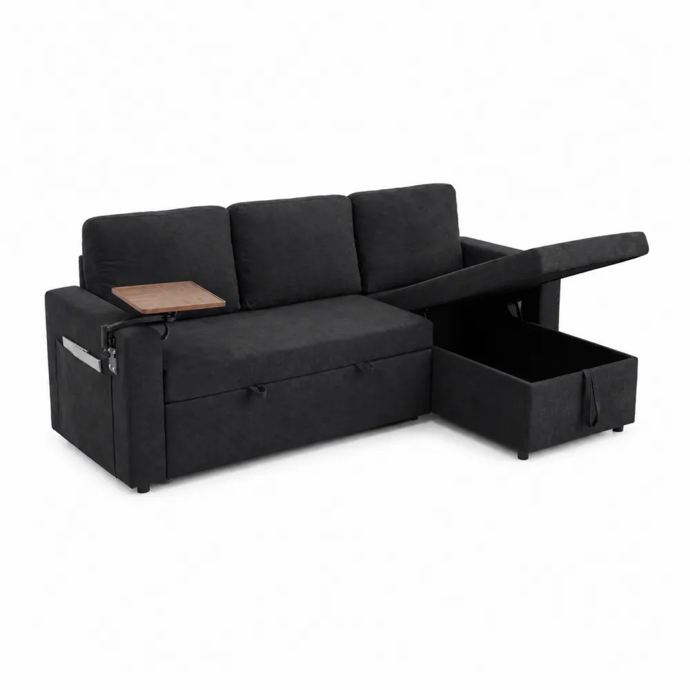 Czarna sofa narożna z tkaniny z funkcją przechowywania