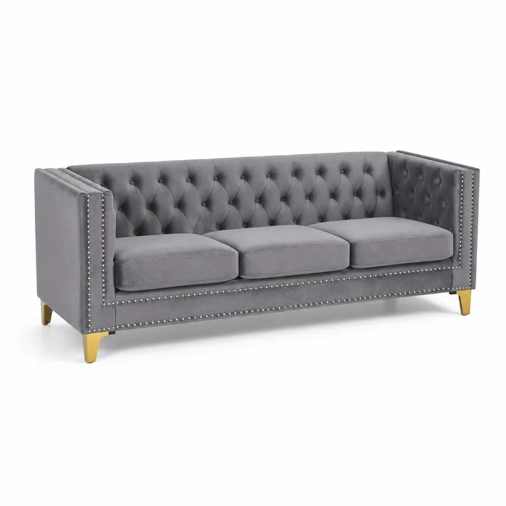 Sofa tapicerowana welurem, szara z metalowymi nogami