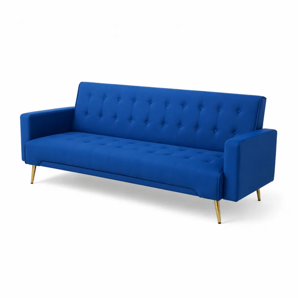 Sofa welurowa niebieska z metalowymi nogami