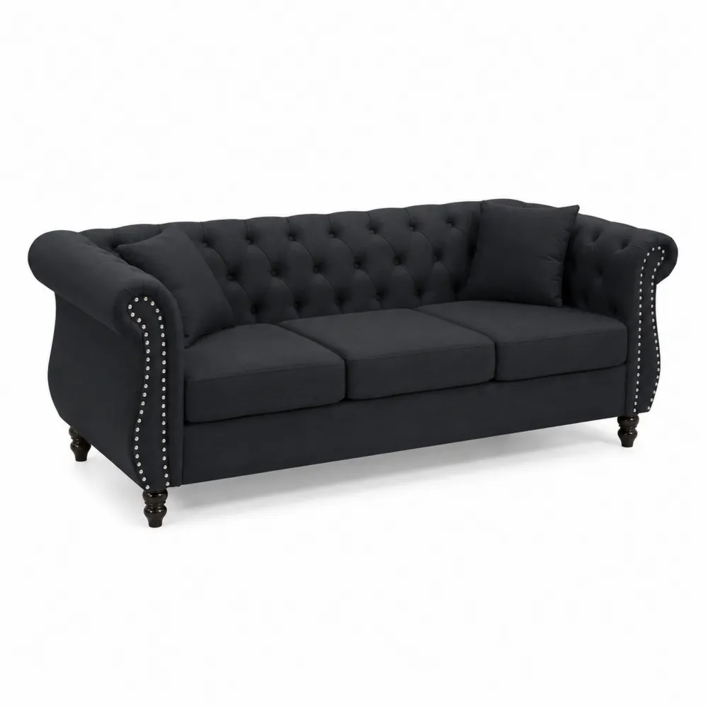 Sofa Chesterfield czarna z poliestrem i drewnianymi nogami