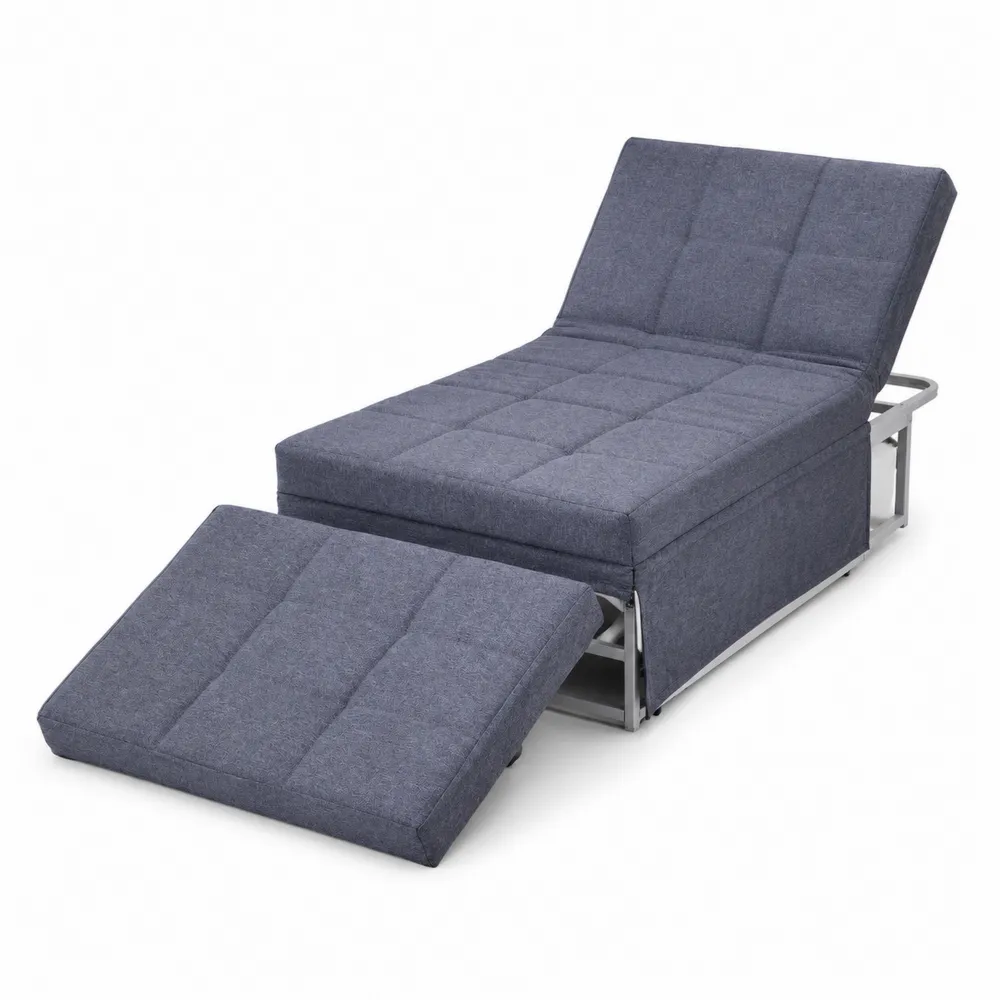 Niebieska sofa rozkładana z metalową ramą i tkaniną poliestrową