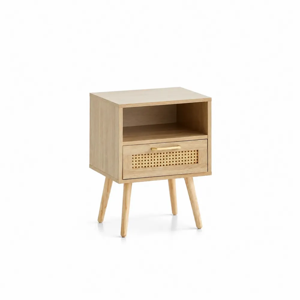 Drewniana szafka nocna z rattanowym frontem, 45x30x60 cm