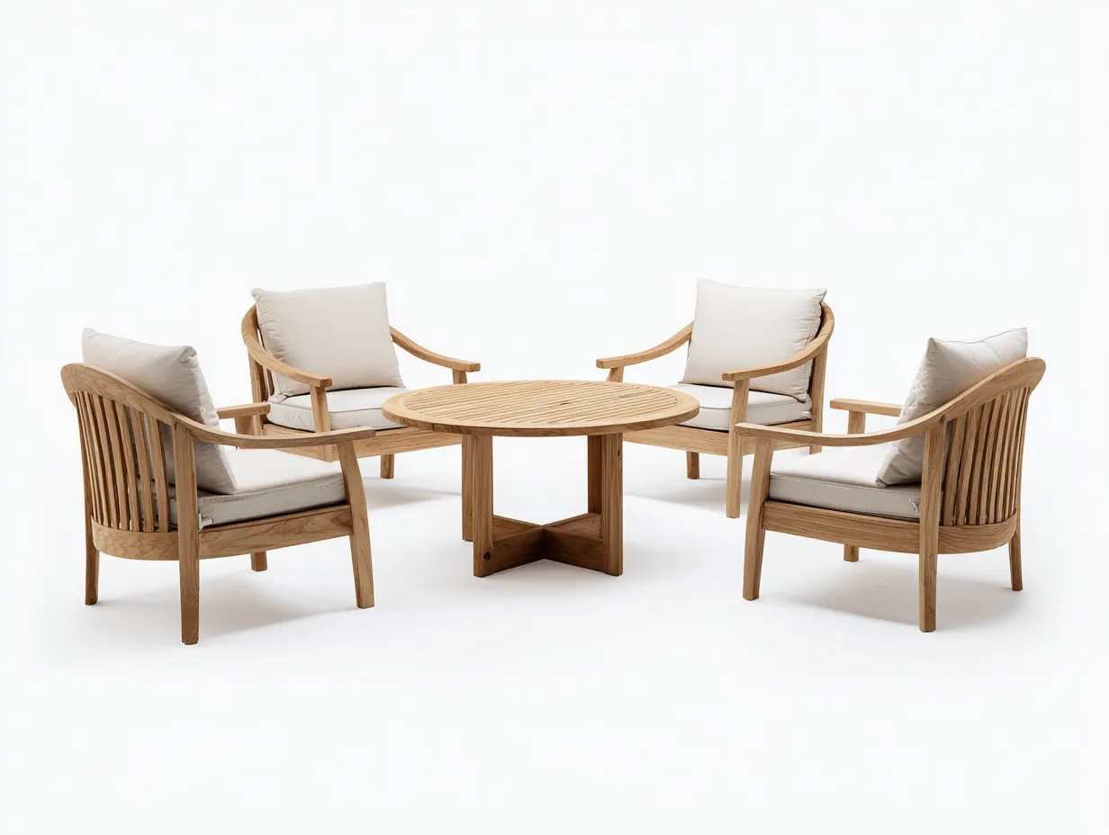 Conjunto De Sillones de madera 78x76x82 cm - mesa 110x110x74 cm - natural y beige - exterior con mesa redonda-Lonorzihome