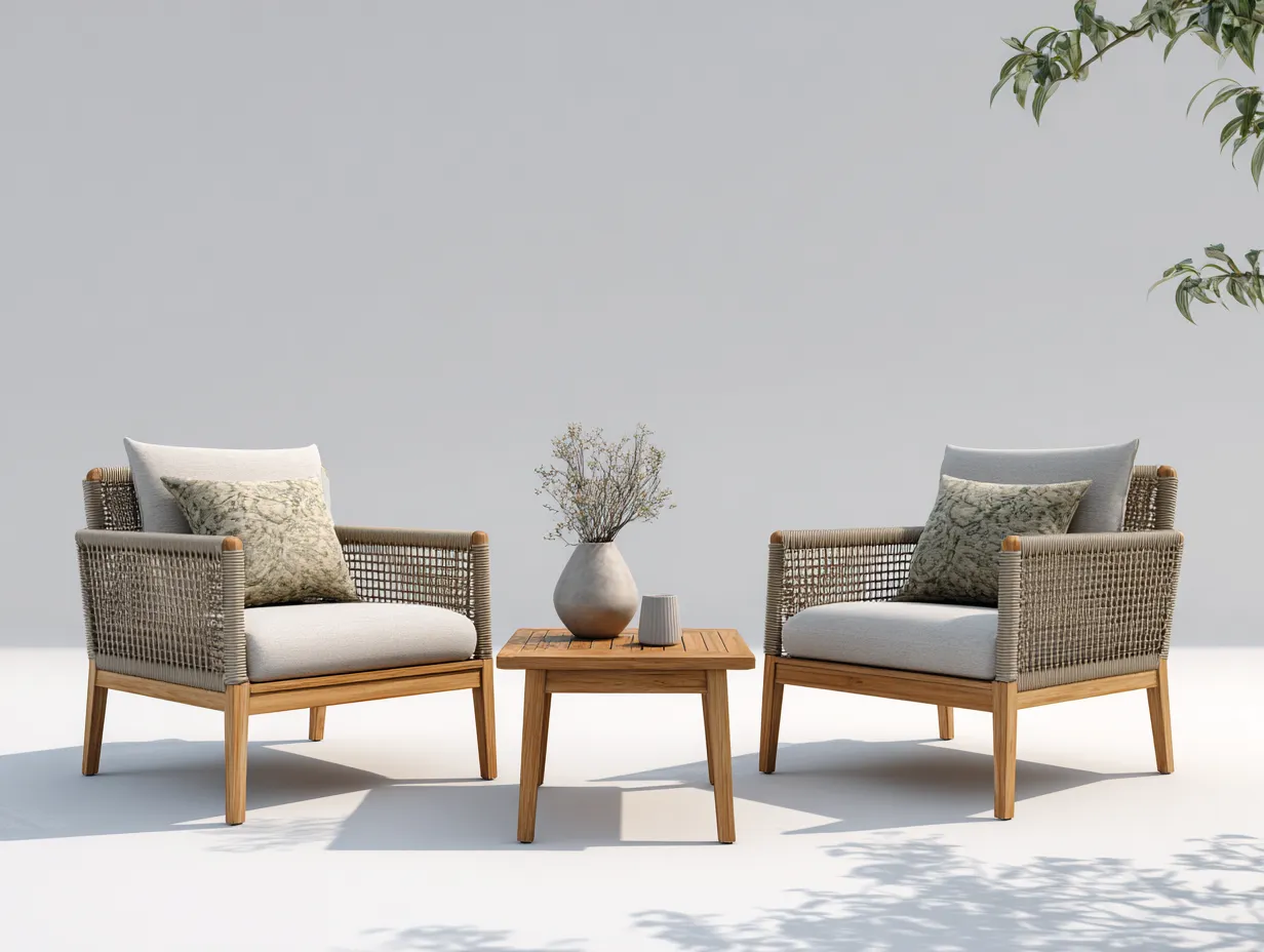 Conjunto De Sillones de madera y cuerda 74x72x77 cm - mesa 62x48x40 cm - natural y gris claro - exterior con mesa baja-Lonorzihome