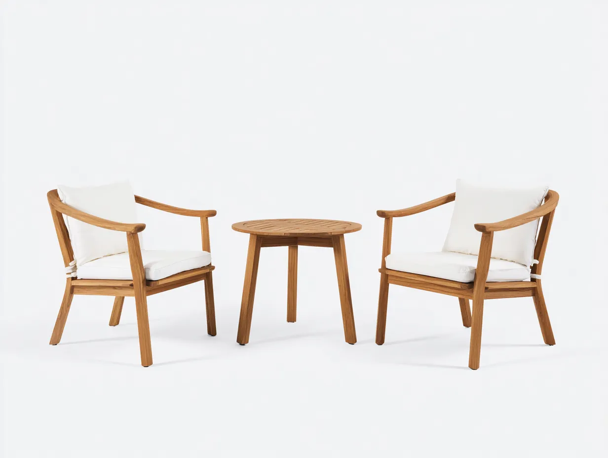 Conjunto De Sillones de madera 73x70x76 cm - mesa 58x58x52 cm - natural y blanco - exterior compacto-Lonorzihome