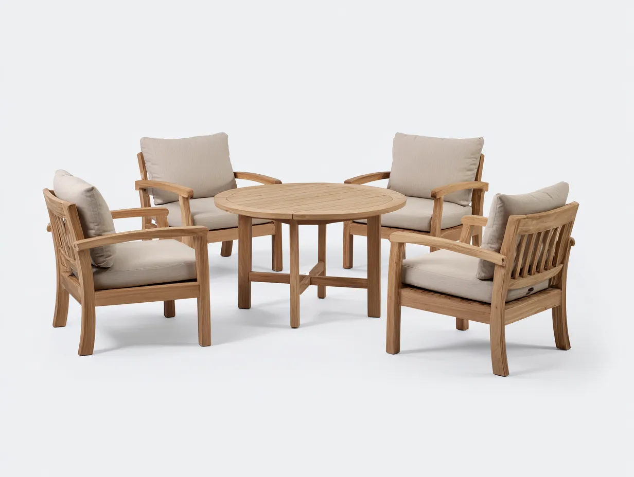Conjunto De Sillones de madera 76x74x80 cm - mesa 105x105x73 cm - natural y beige - diseño exterior clásico-Lonorzihome