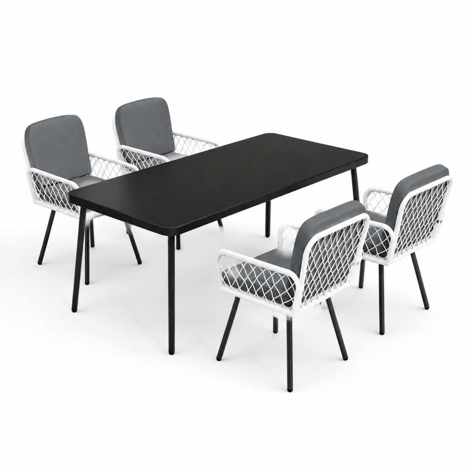 Outdoor Esstisch Set Rechteckig Aluminiumgestell Kunstfaser Seilgeflecht Kissen Grau/Weiß/Schwarz Tisch-Velverocasa