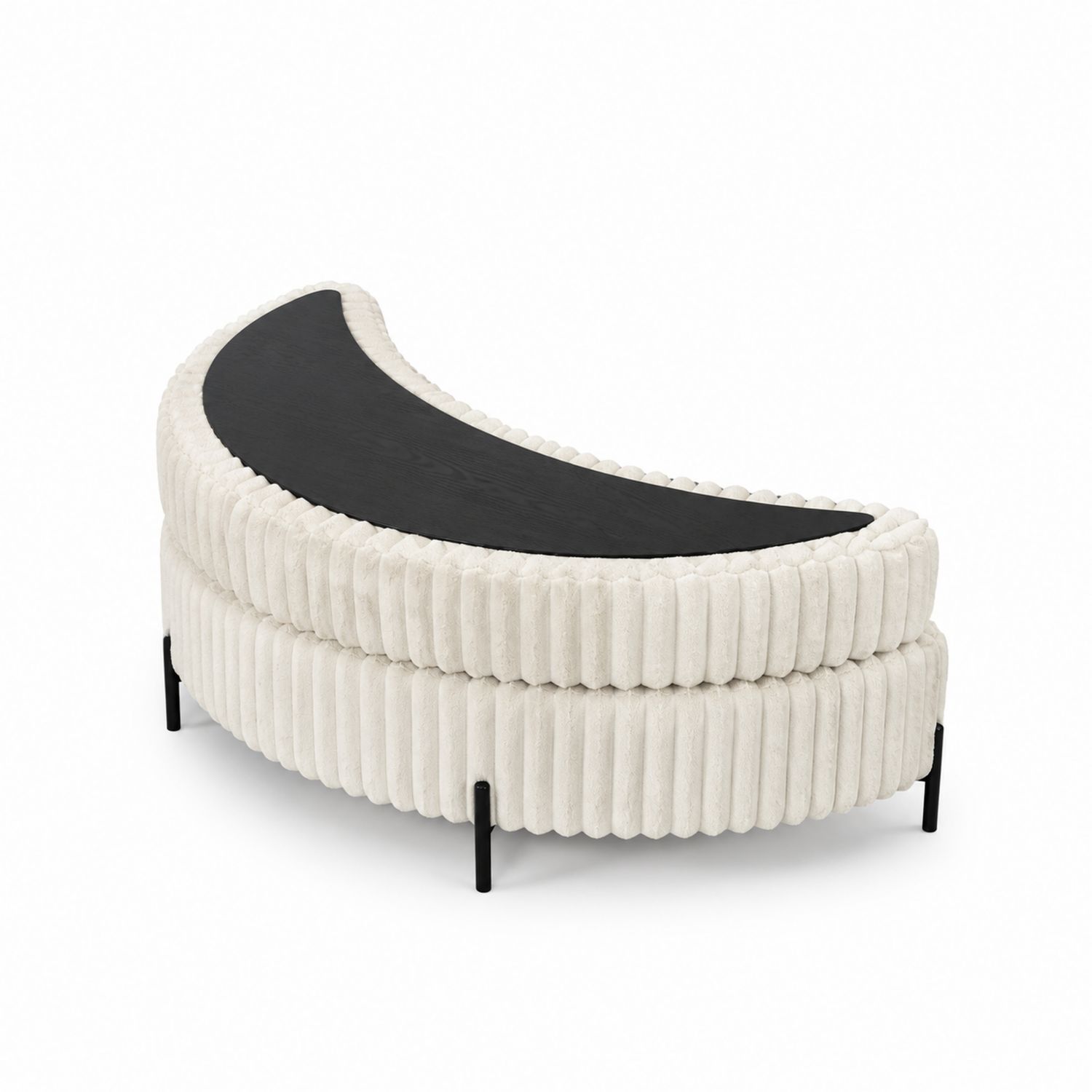 Halbmondförmiger Hocker mit Holzoberfläche und Metallbeinen, 120x45x40 cm, Polyester, Weiß/Schwarz-Velverocasa