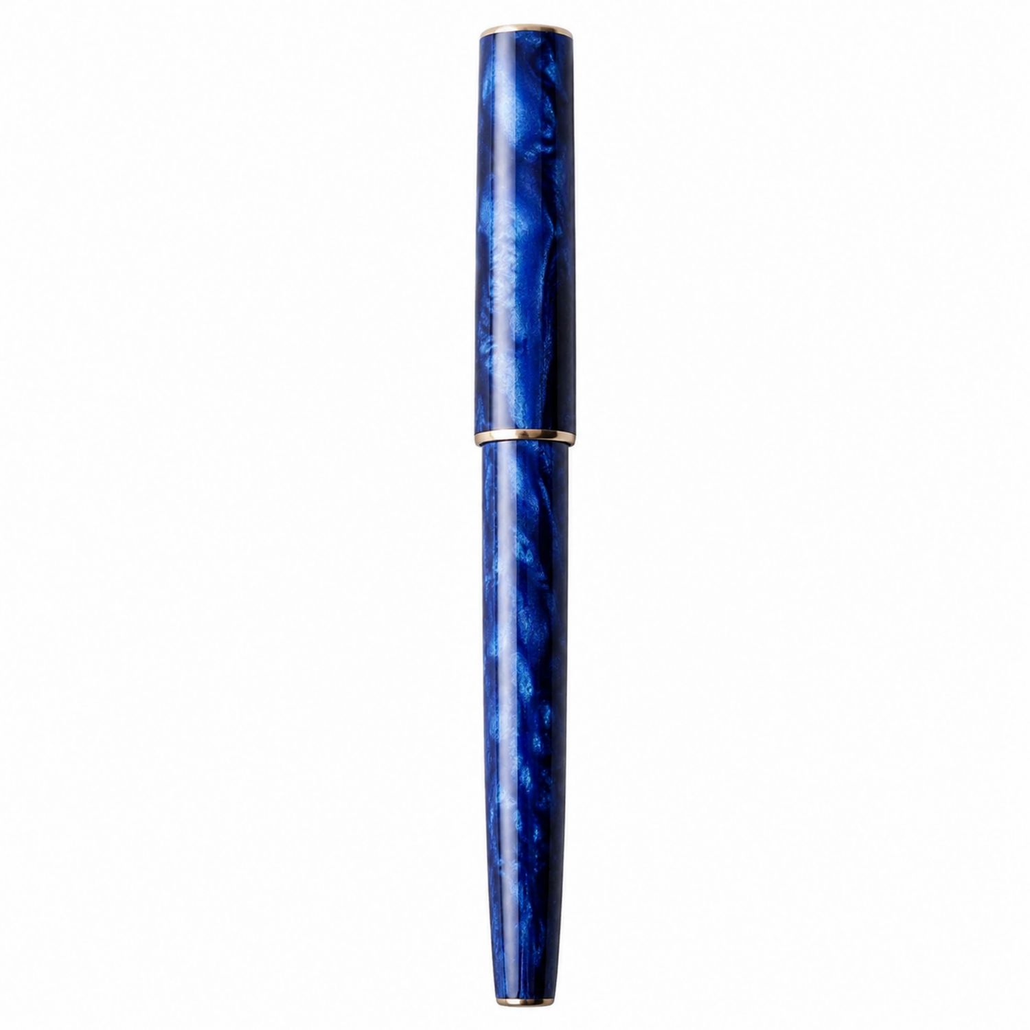 Penna stilografica blu con dettagli dorati e punta fine