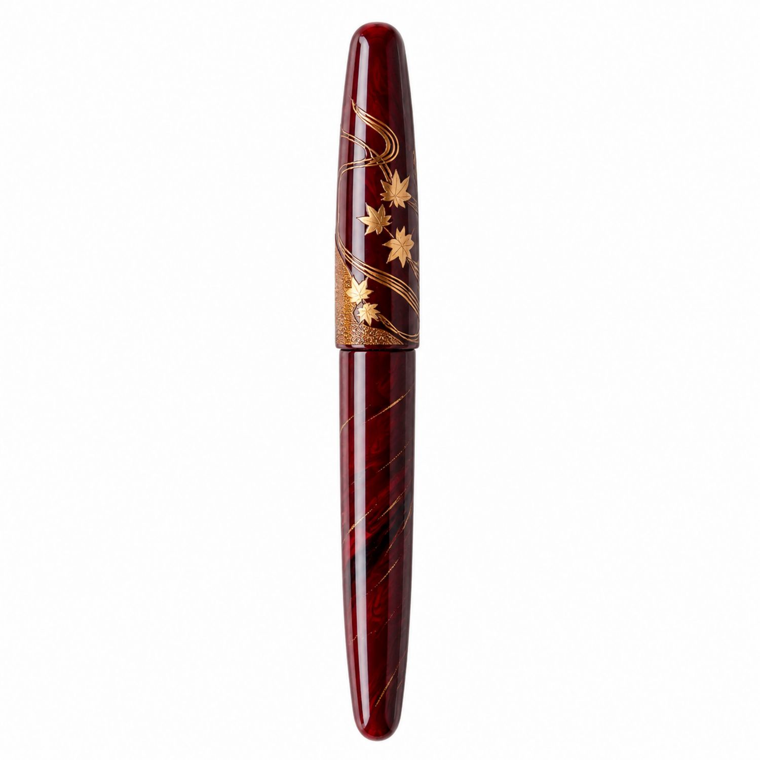 Penna stilografica rossa con decorazioni a foglie dorate