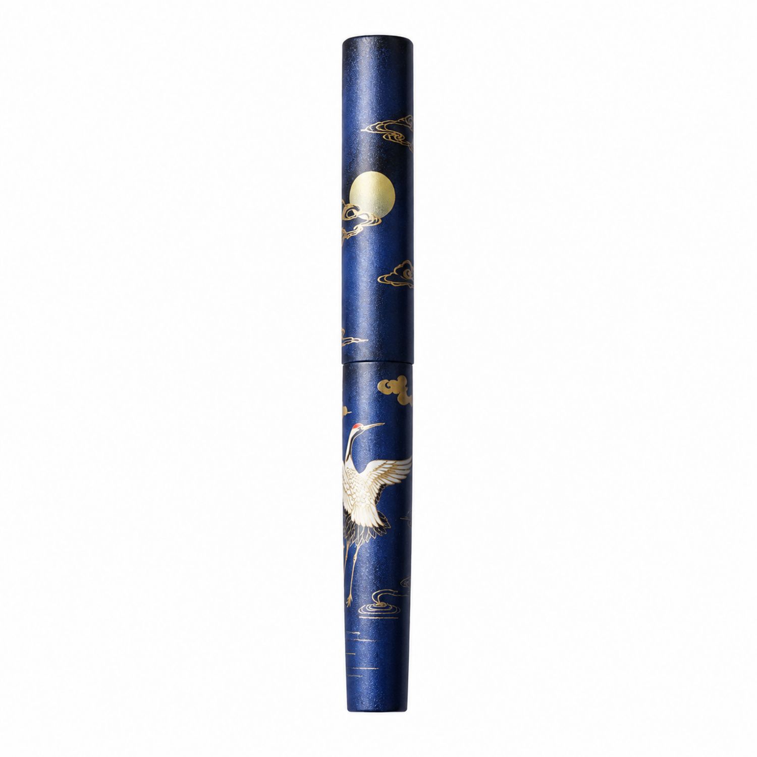 Penna stilografica blu con gru e luna dorate
