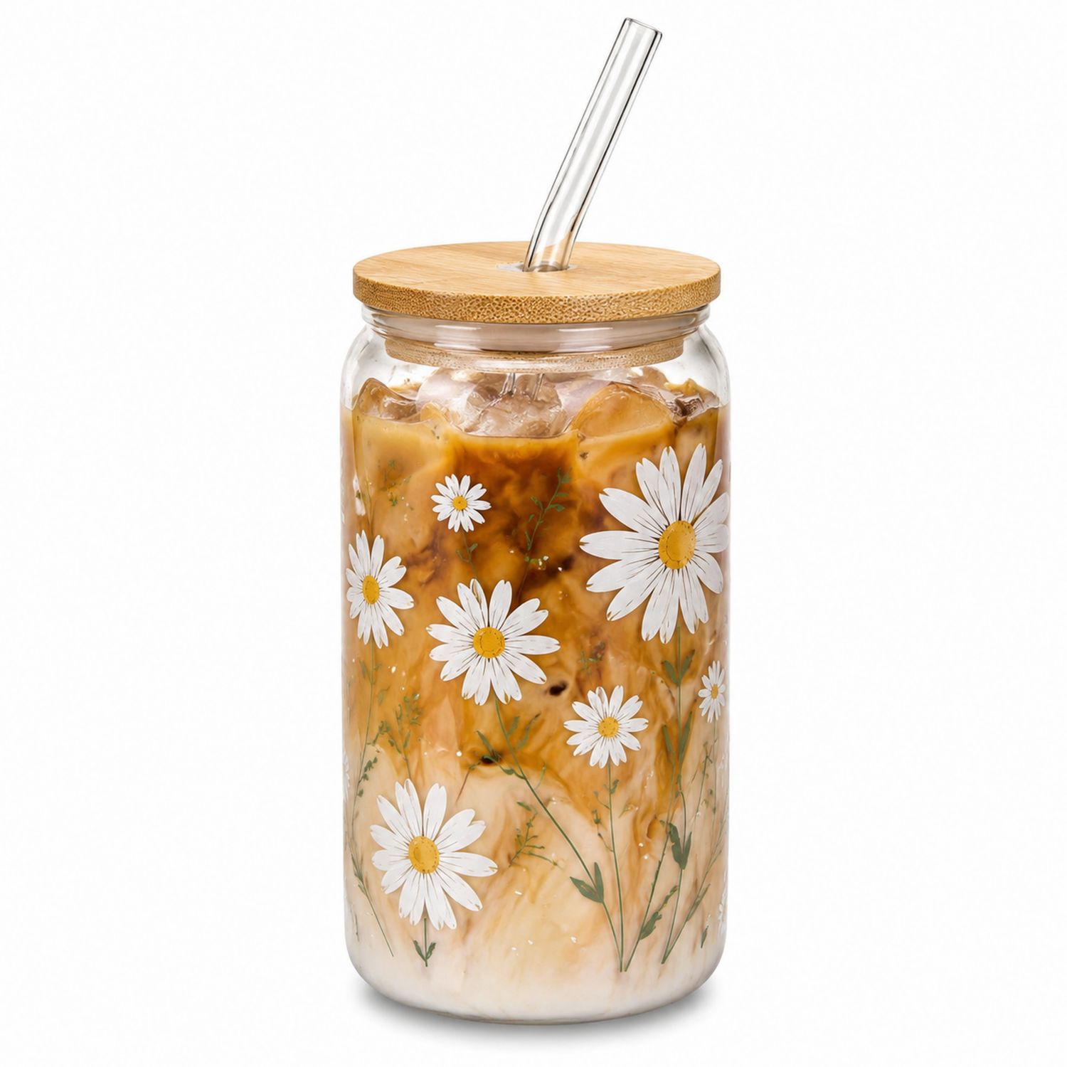 Bicchiere in Vetro con Margherite, Coperchio in Bambù e Cannuccia, 500 ml