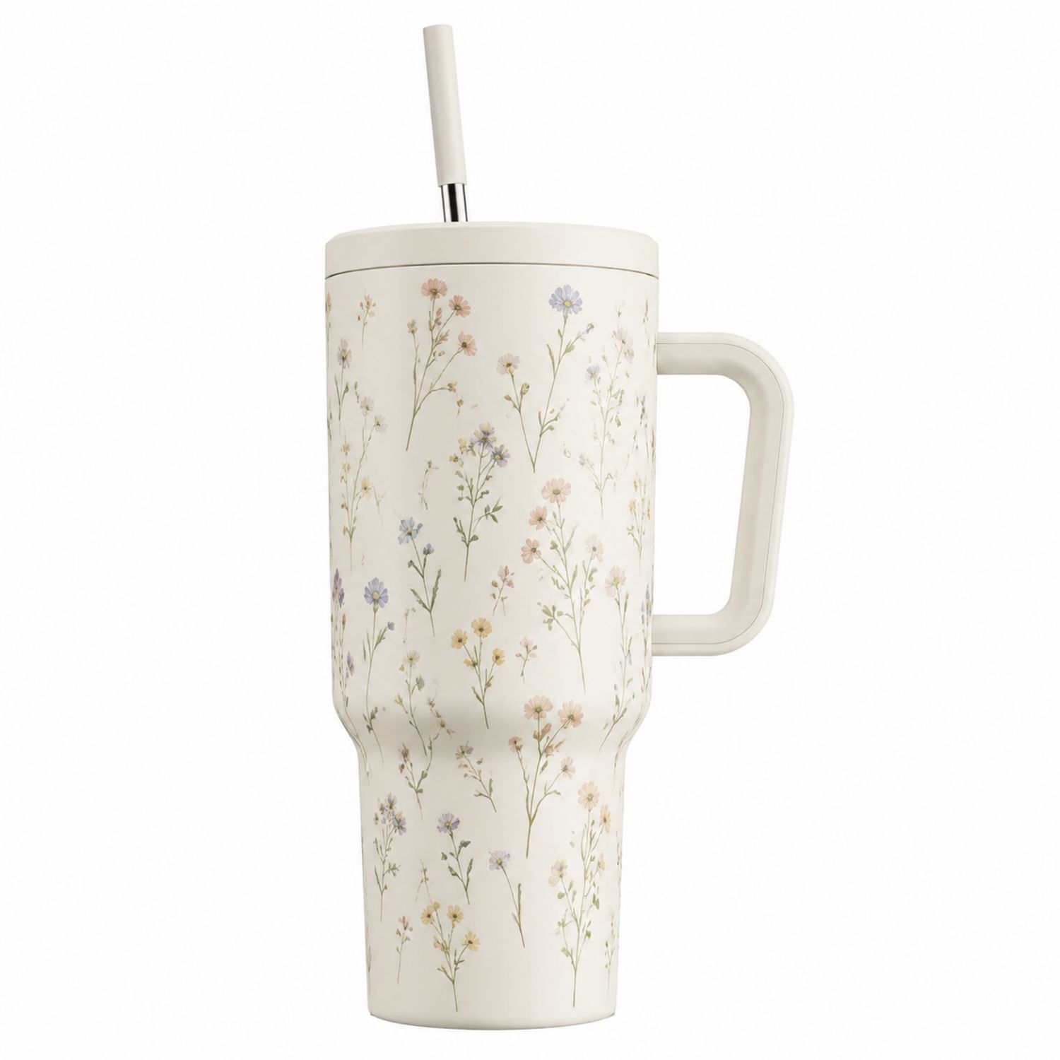 Bicchiere Termico a Fiori con Cannuccia Crema 700ml