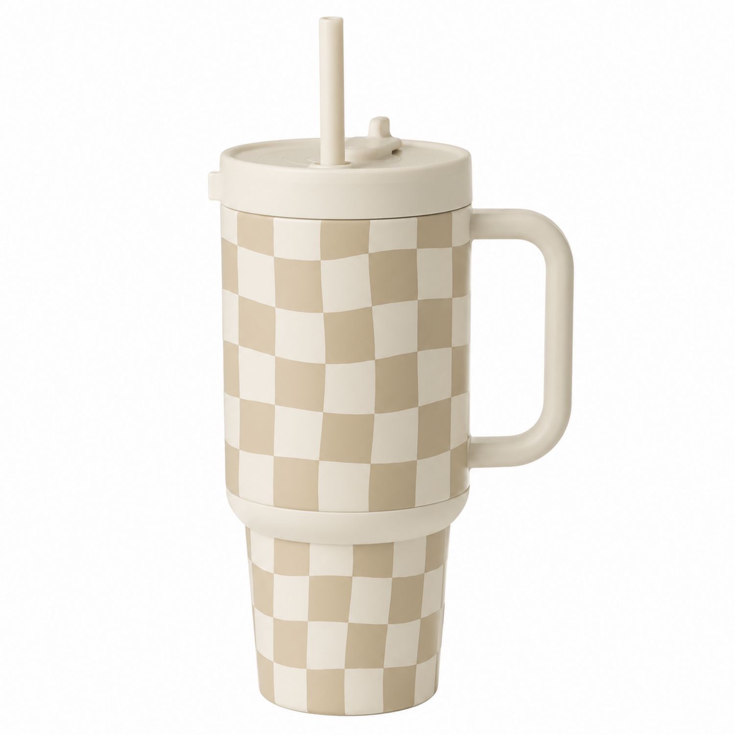 Tazza Termica con Motivo a Scacchi Beige e Bianco con Cannuccia