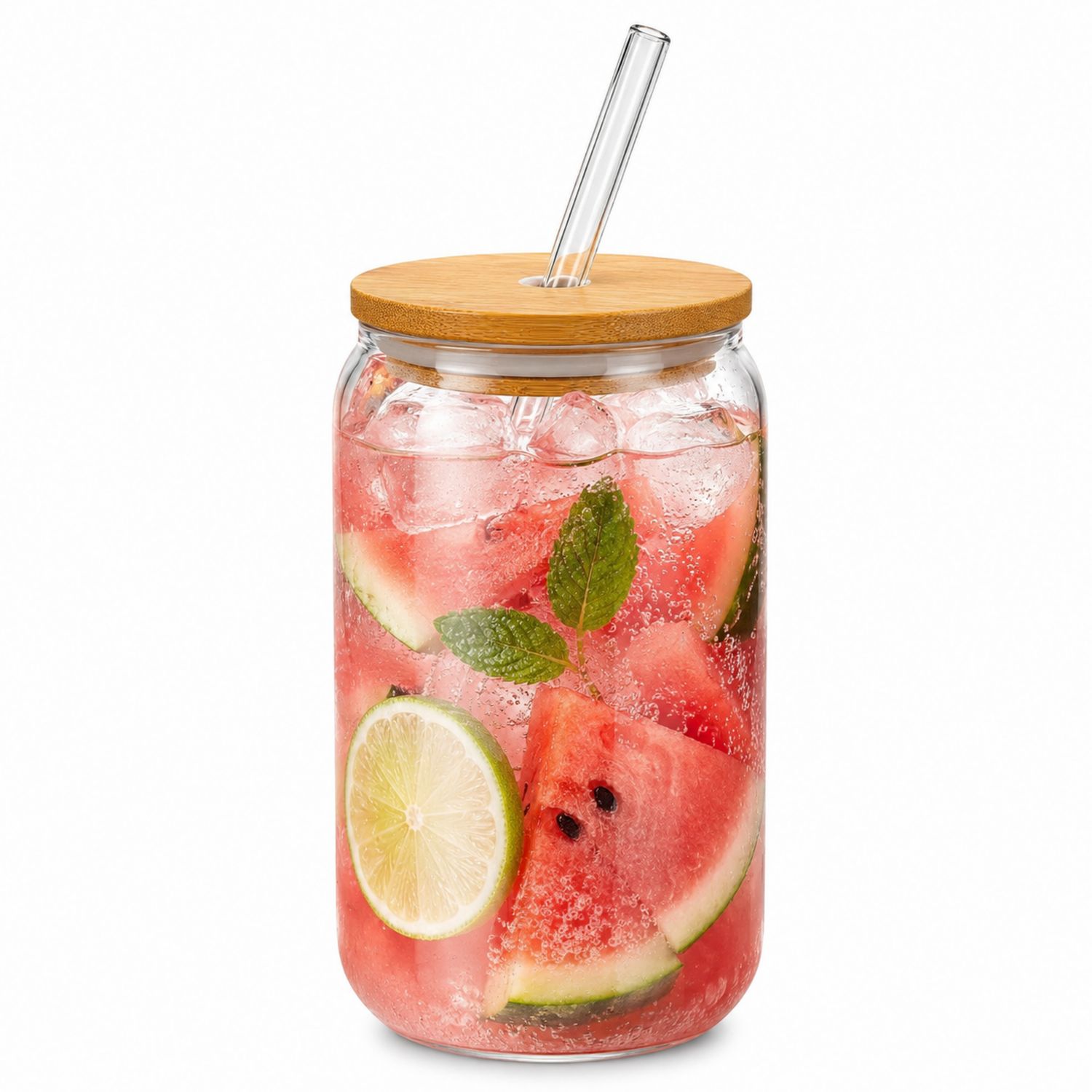 Bicchiere in Vetro con Coperchio in Bambù e Cannuccia - 500ml