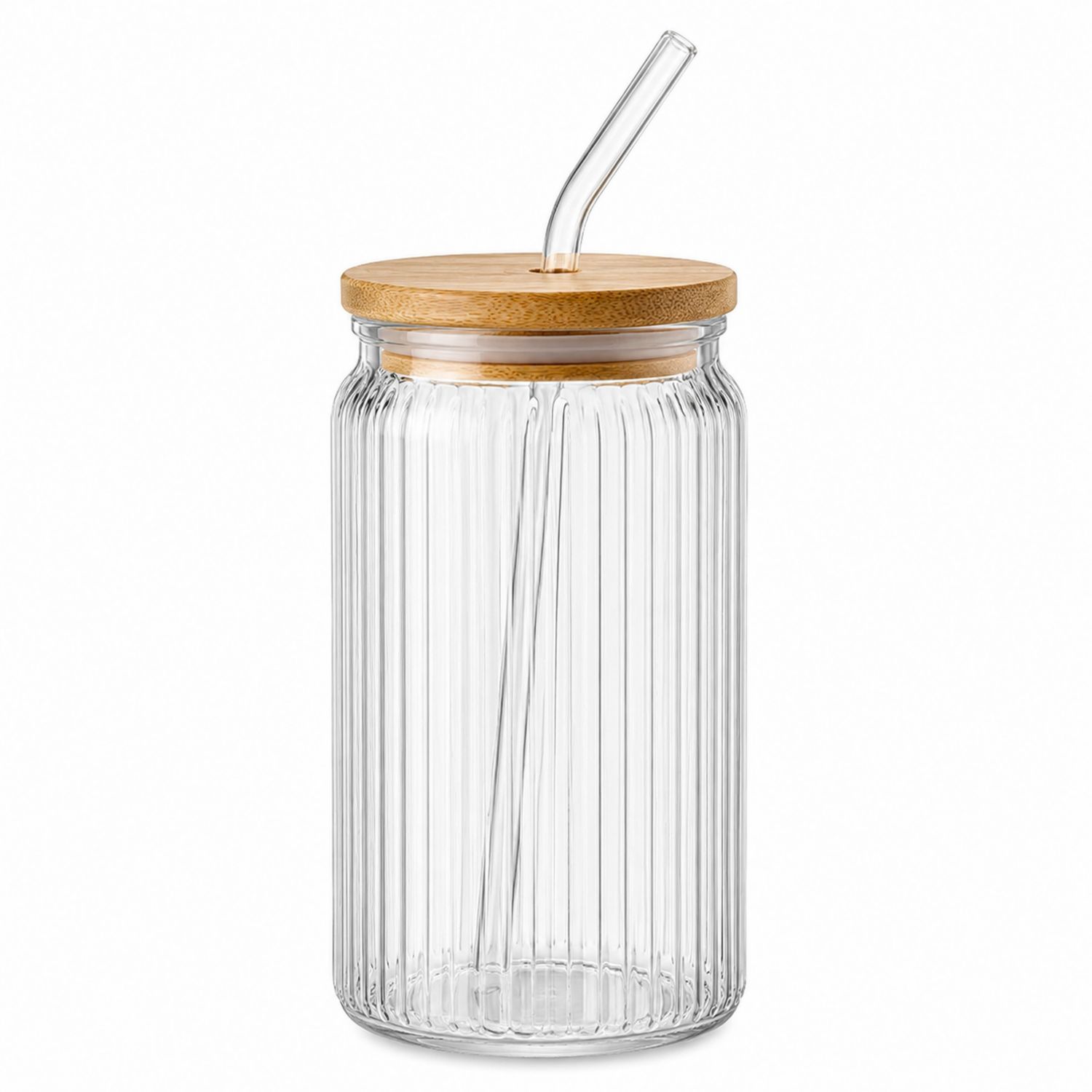 Barattolo in Vetro Trasparente con Coperchio in Bamboo e Cannuccia