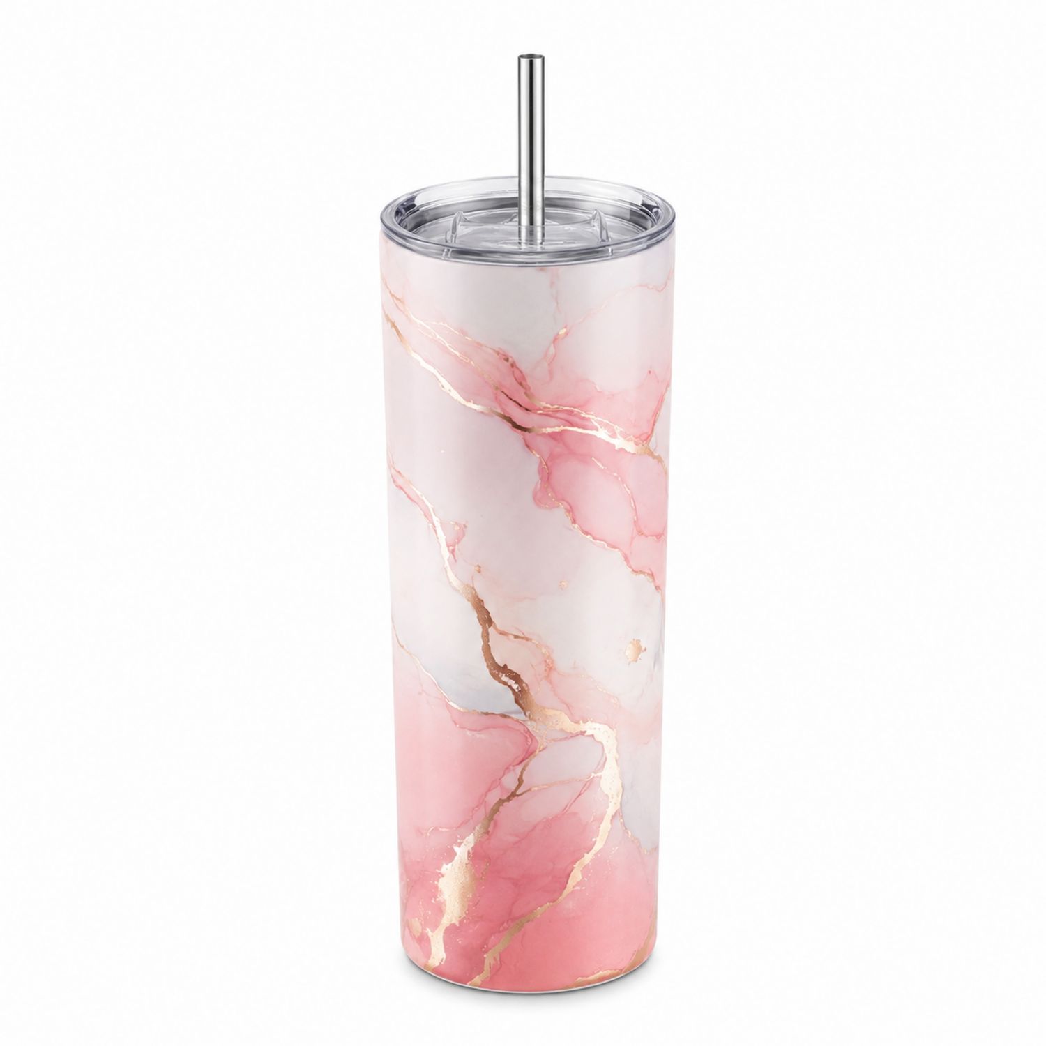 Bicchiere Termico con Cannuccia Design Marmorizzato Rosa 500 ml