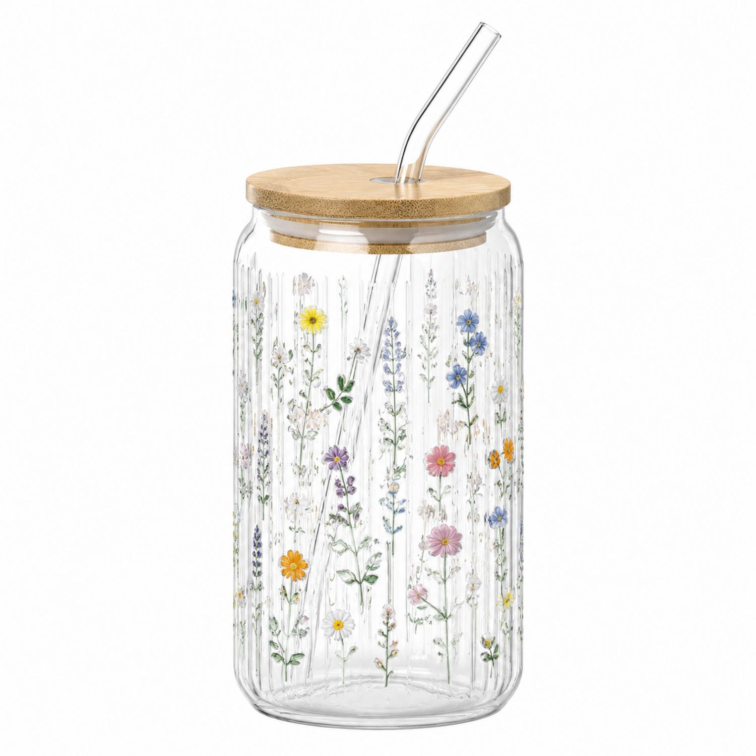 Bicchiere in Vetro con Coperchio di Bambù e Cannuccia in Vetro, 500 ml, Fiori