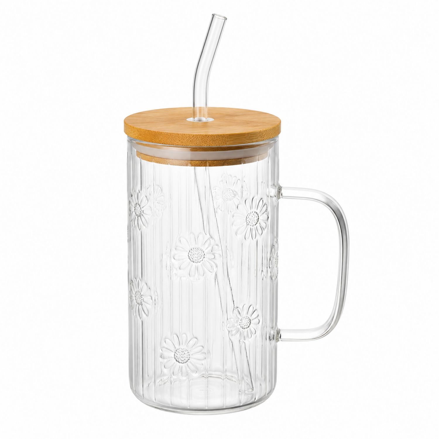Bicchiere in Vetro con Coperchio in Bambù e Cannuccia 500ml