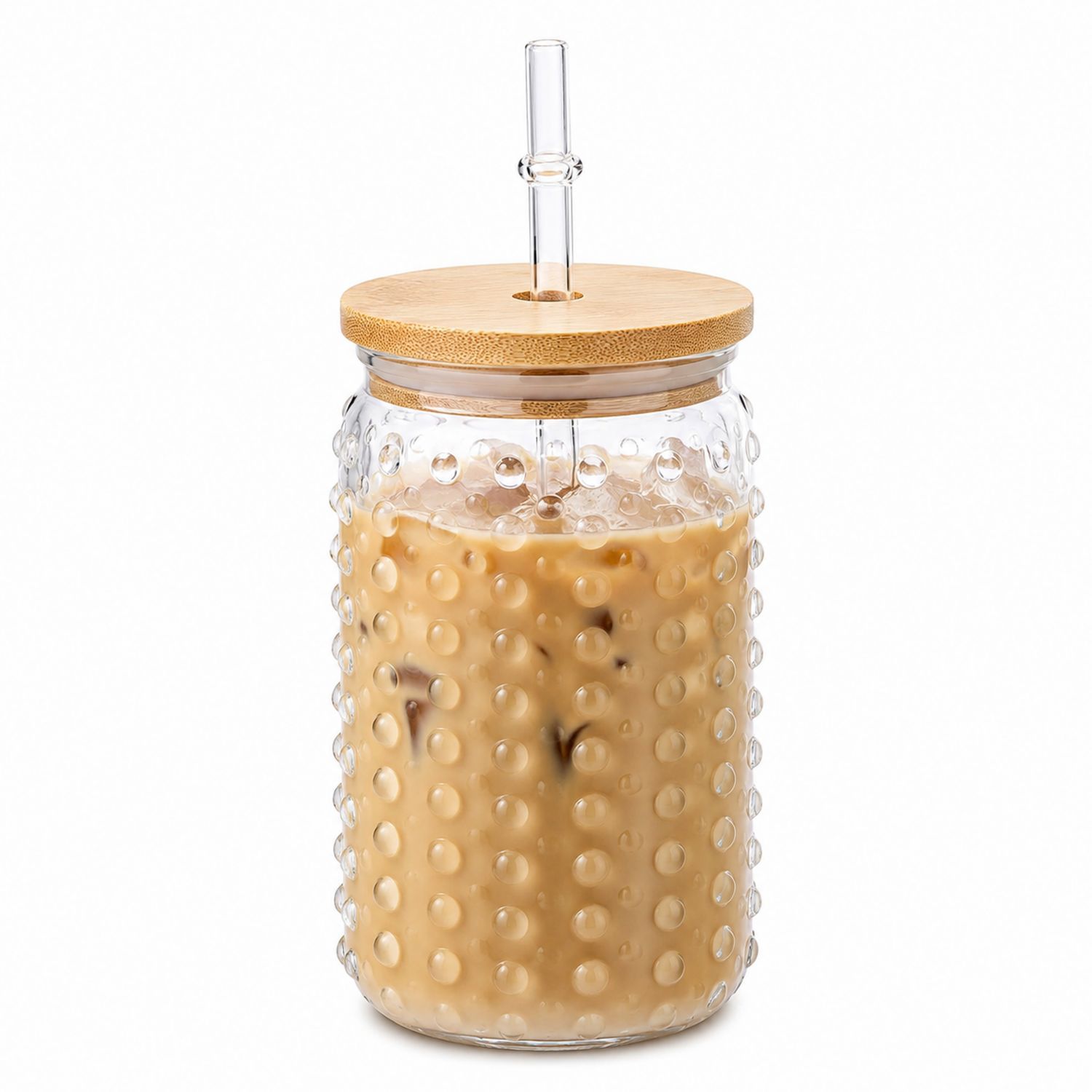 Bicchiere in Vetro con Coperchio in Bambù e Cannuccia in Vetro