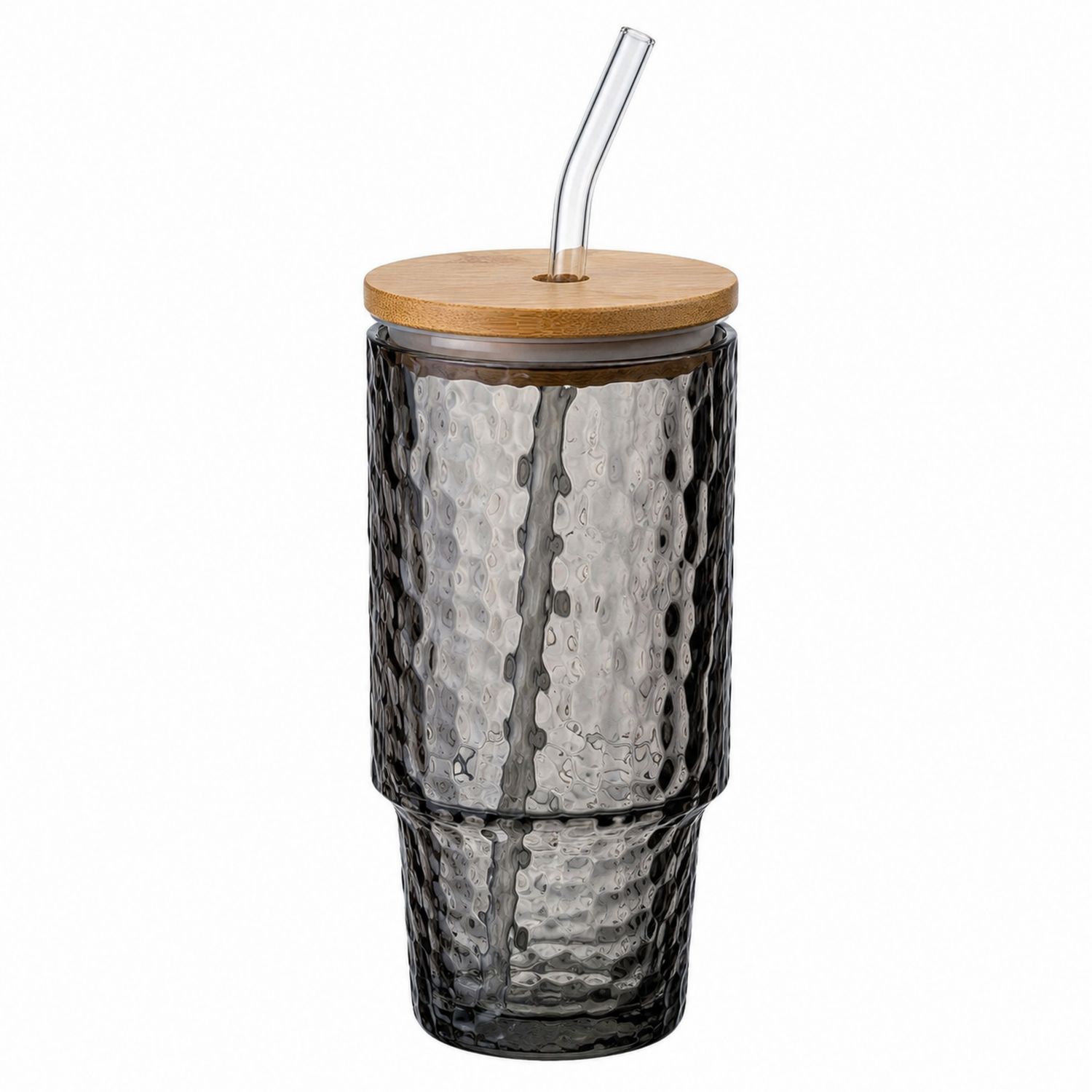 Bicchiere in Vetro Martellato Grigio con Coperchio in Bambù e Cannuccia - 550 ml