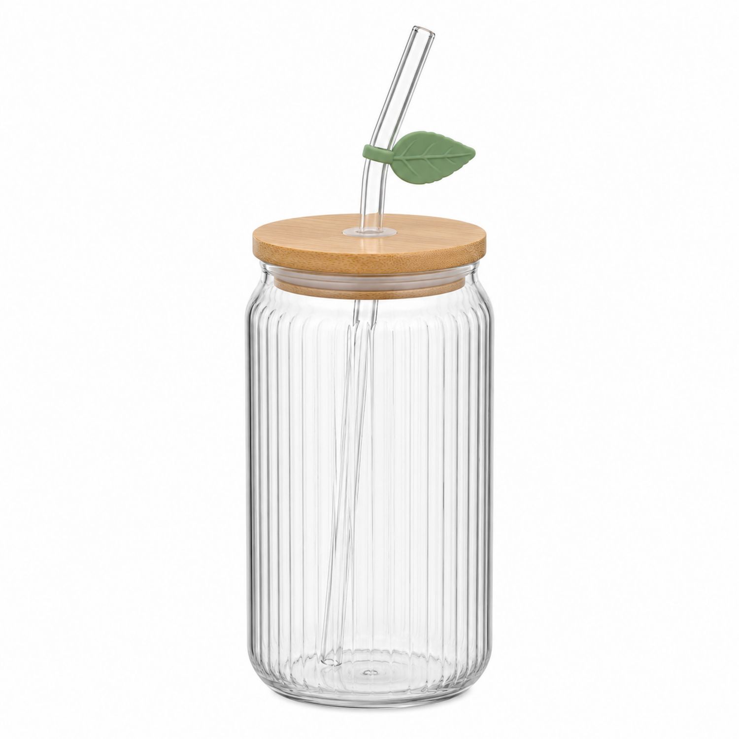 Bicchiere in vetro con coperchio di bambù e cannuccia 500ml