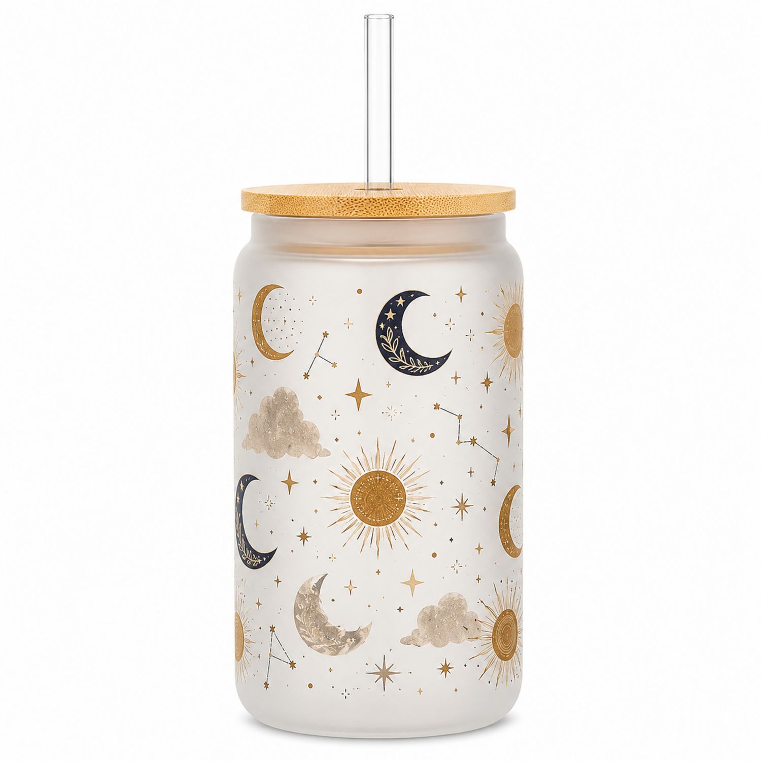 Bicchiere Decorato con Coperchio e Cannuccia 450ml Motivi Celestiali