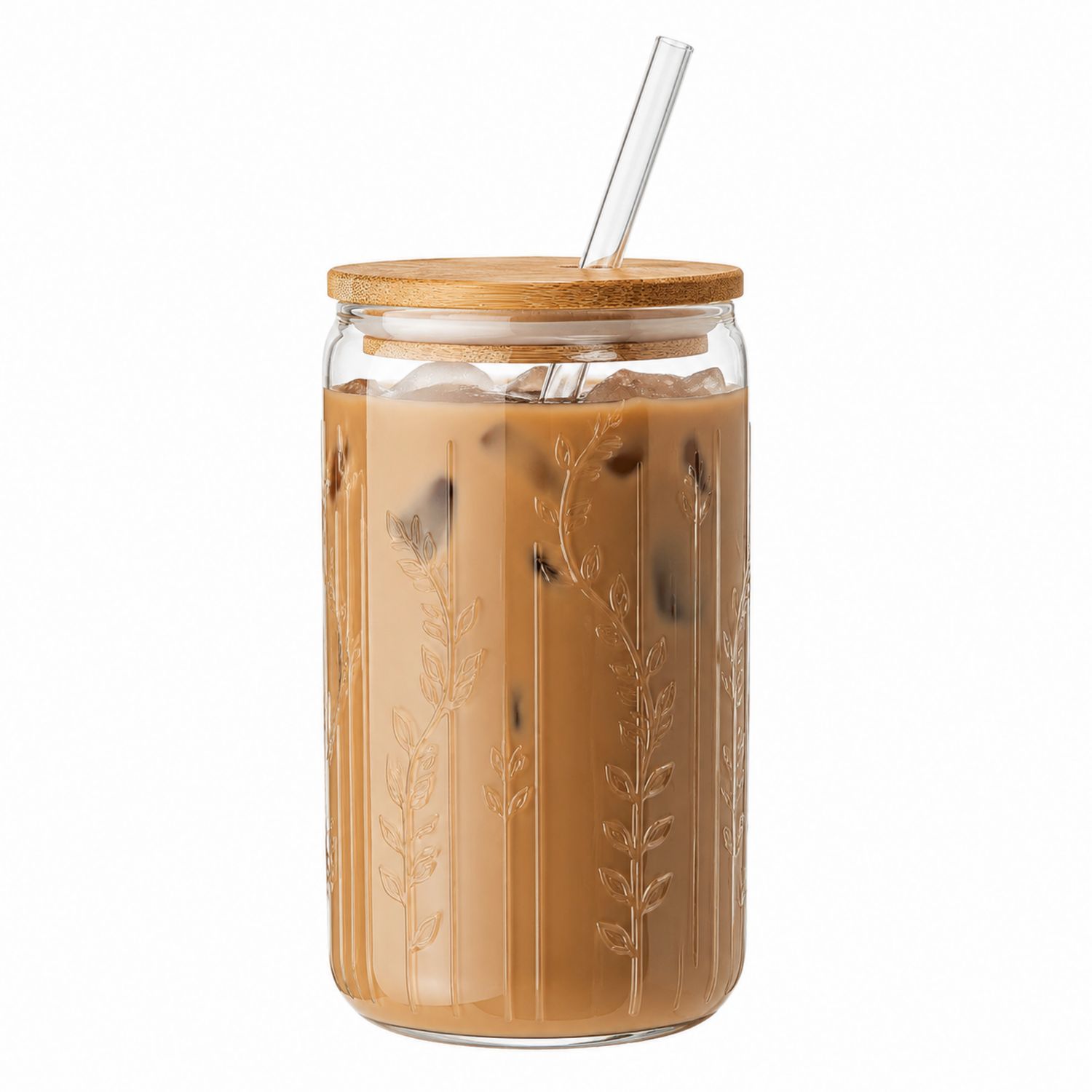 Bicchiere in Vetro con Coperchio in Bambù e Cannuccia 500ml