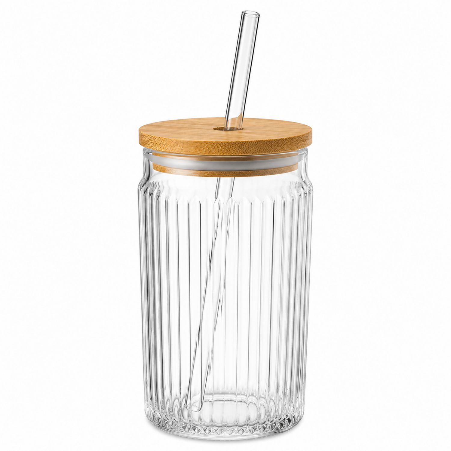 Tazza di Vetro con Coperchio in Bambù e Cannuccia, 500ml