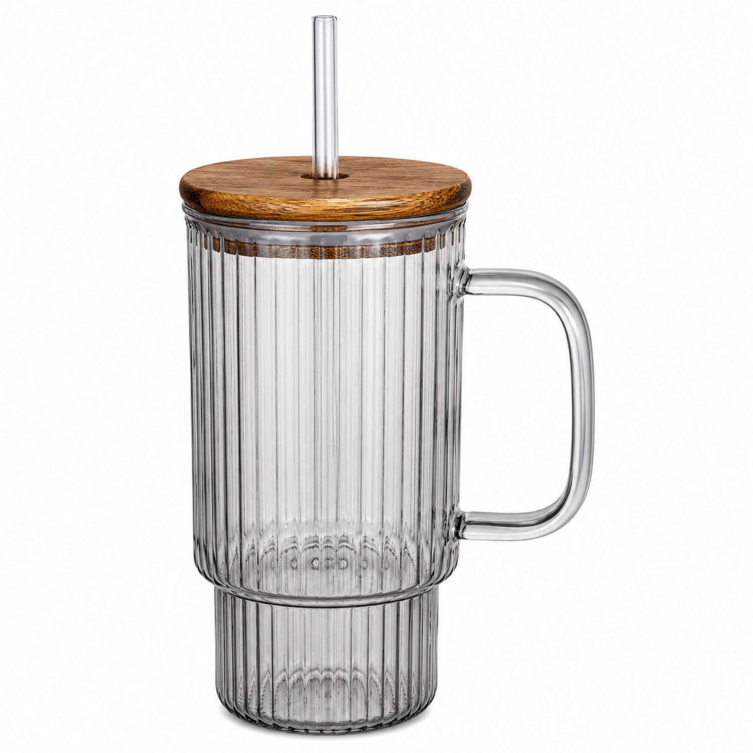 Tazza in Vetro Trasparente con Coperchio in Legno e Cannuccia da 750ml