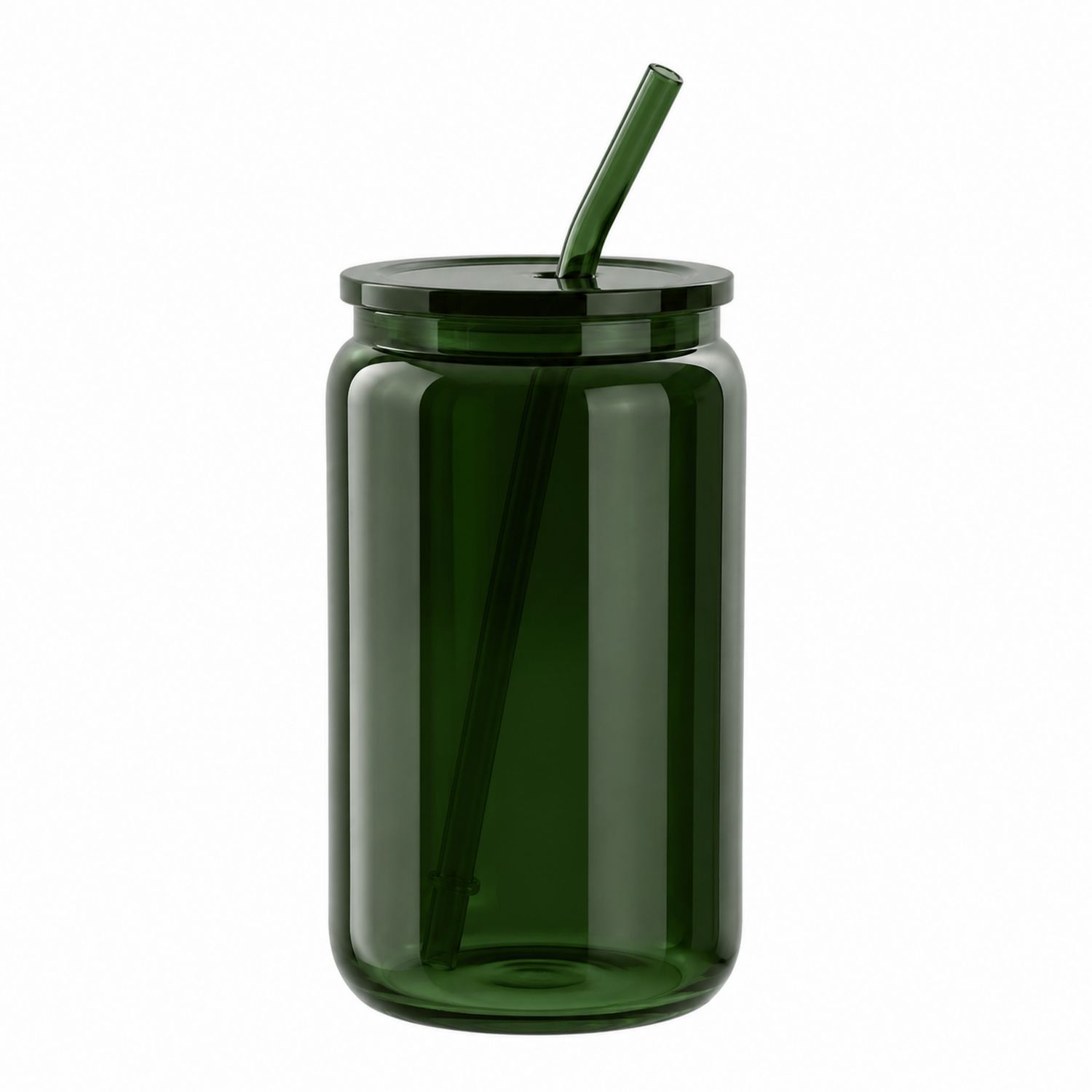 Bicchiere in Vetro Verde con Coperchio e Cannuccia, 500ml