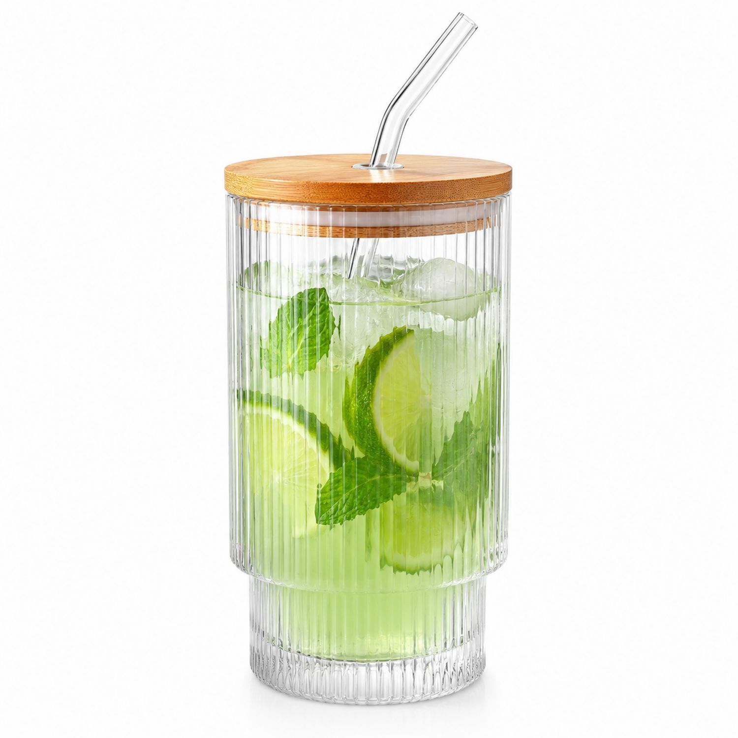 Bicchiere in Vetro con Coperchio in Bambù e Cannuccia da 500ml