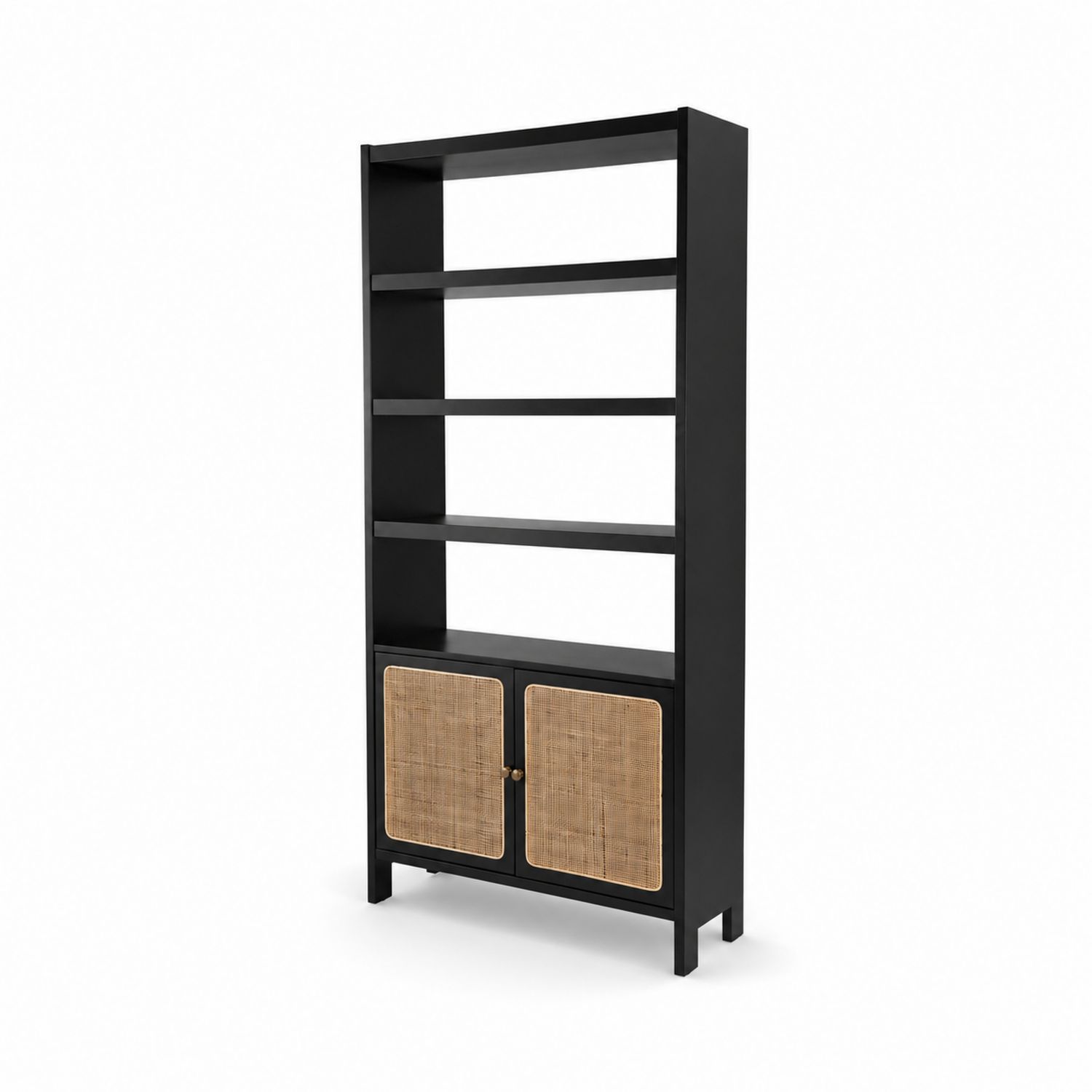 Regal aus MDF mit Rattan-Türen, 200 cm Höhe, Schwarz/Natur