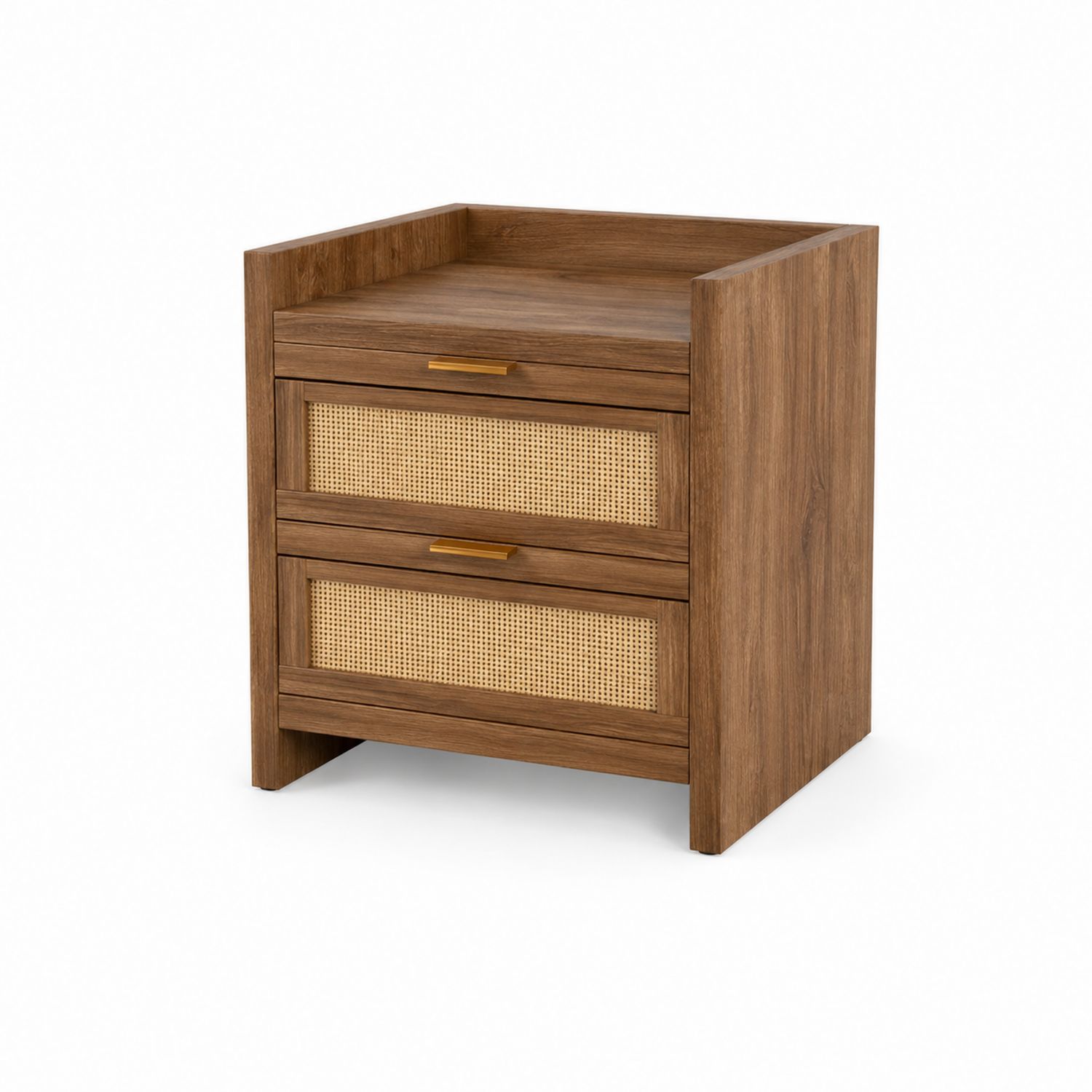 Holz-Nachttisch mit Rattan-Fronten, 2 Schubladen, Braun
