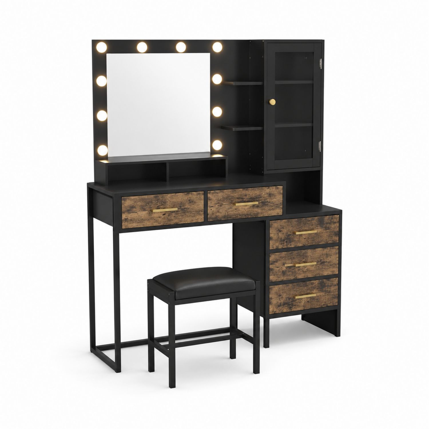 Schminktisch Set mit Spiegel und Beleuchtung aus Holz und Metall, Schwarz/Braun