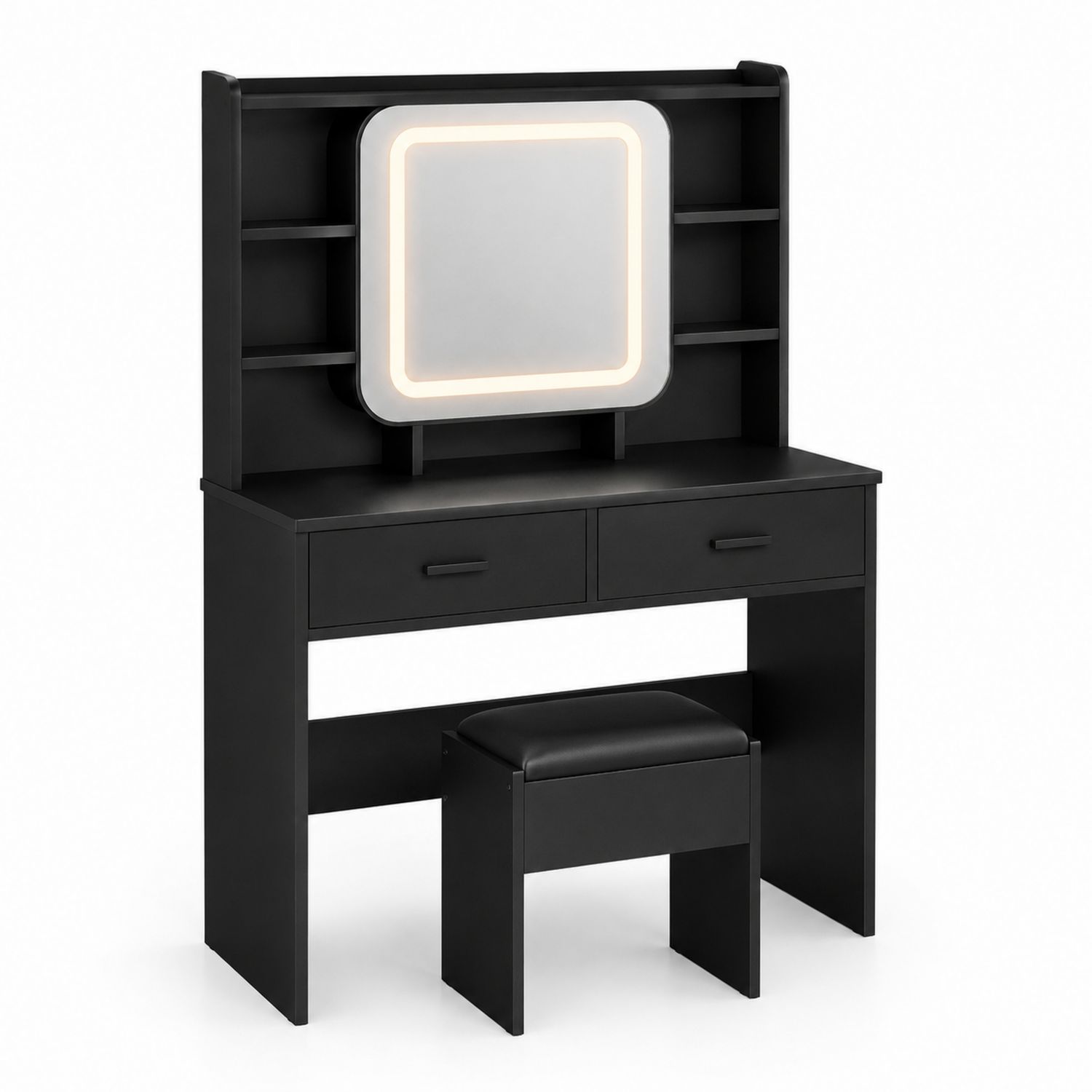 Schminktisch-Set mit Spiegel LED Beleuchtung Holzwerkstoff Schwarz