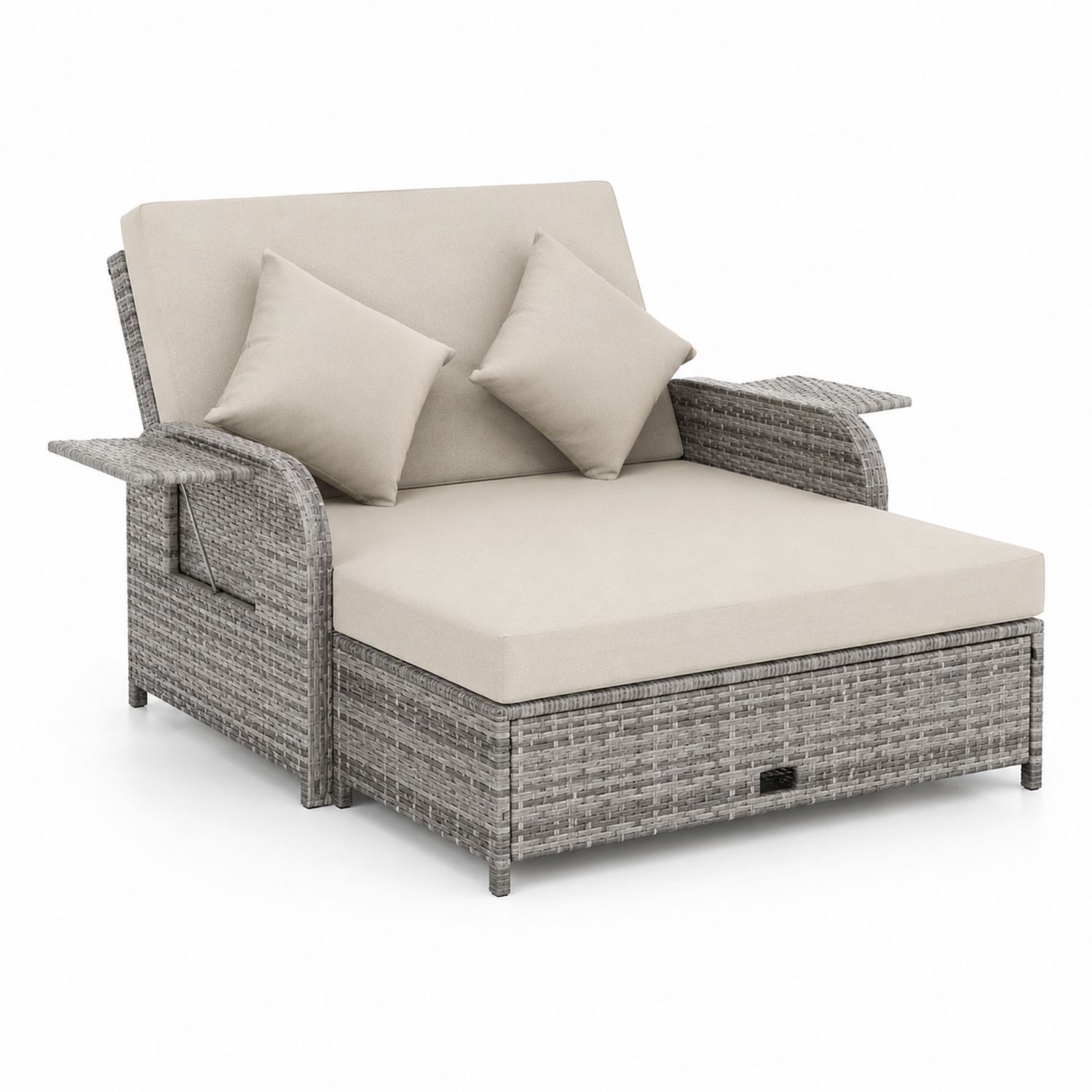 Rattan Gartenliege mit Auflagen Beige/Grau 200x140 cm