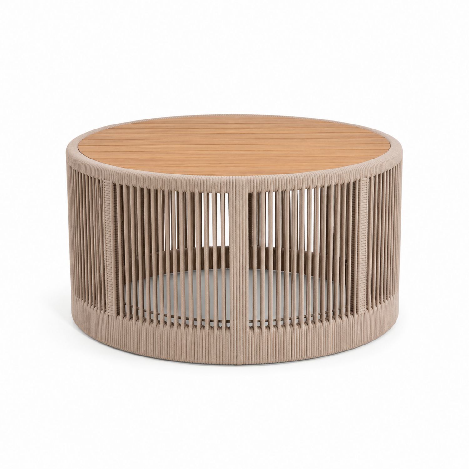 Runder Outdoor-Couchtisch aus Teakholz und Seil, Beige, 75 cm