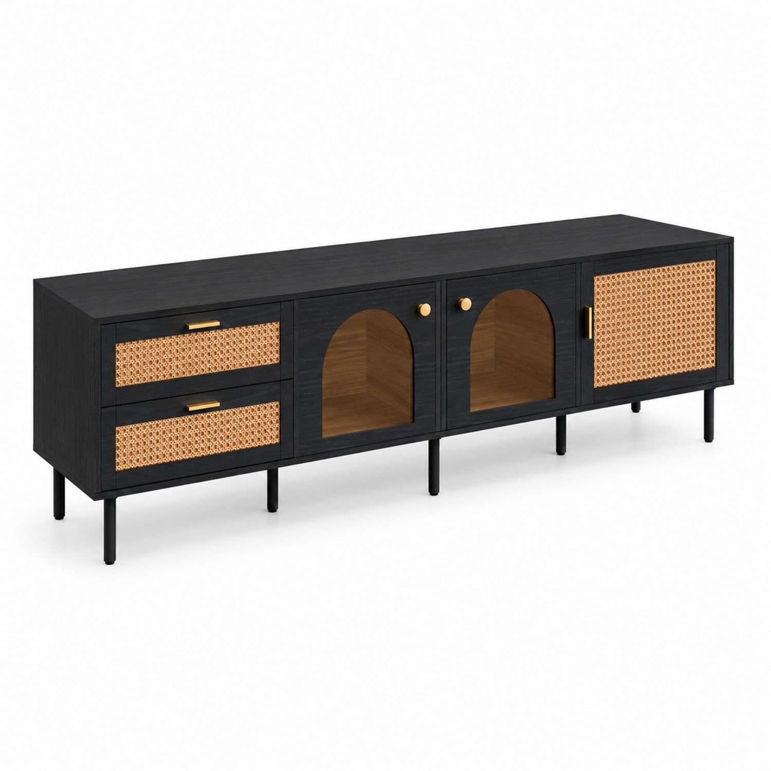 TV-Schrank Holz Rattan Schwarz