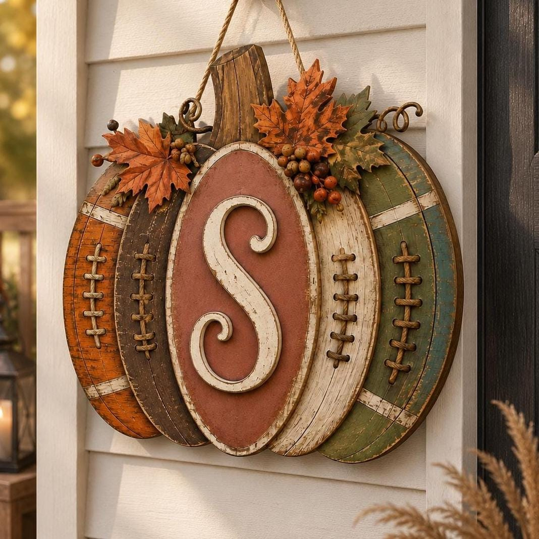 Personalized Football Pumpkin Door Hanger, Rustic Fall Wooden Monogram Sign, Farmhouse Autumn Porch Decor, GIFT 2026, Custom Initial