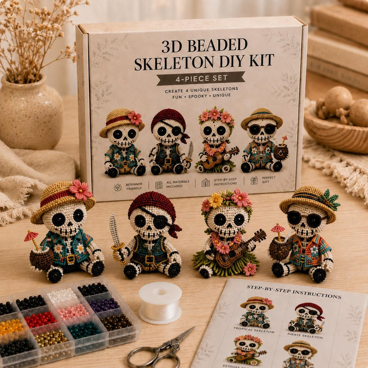 3D Beaded Egyptian Skeleton DIY Kit, 4-Piece Pharaoh Anubis Mummy Craft Set, Beginner Friendly Halloween Beading Gift