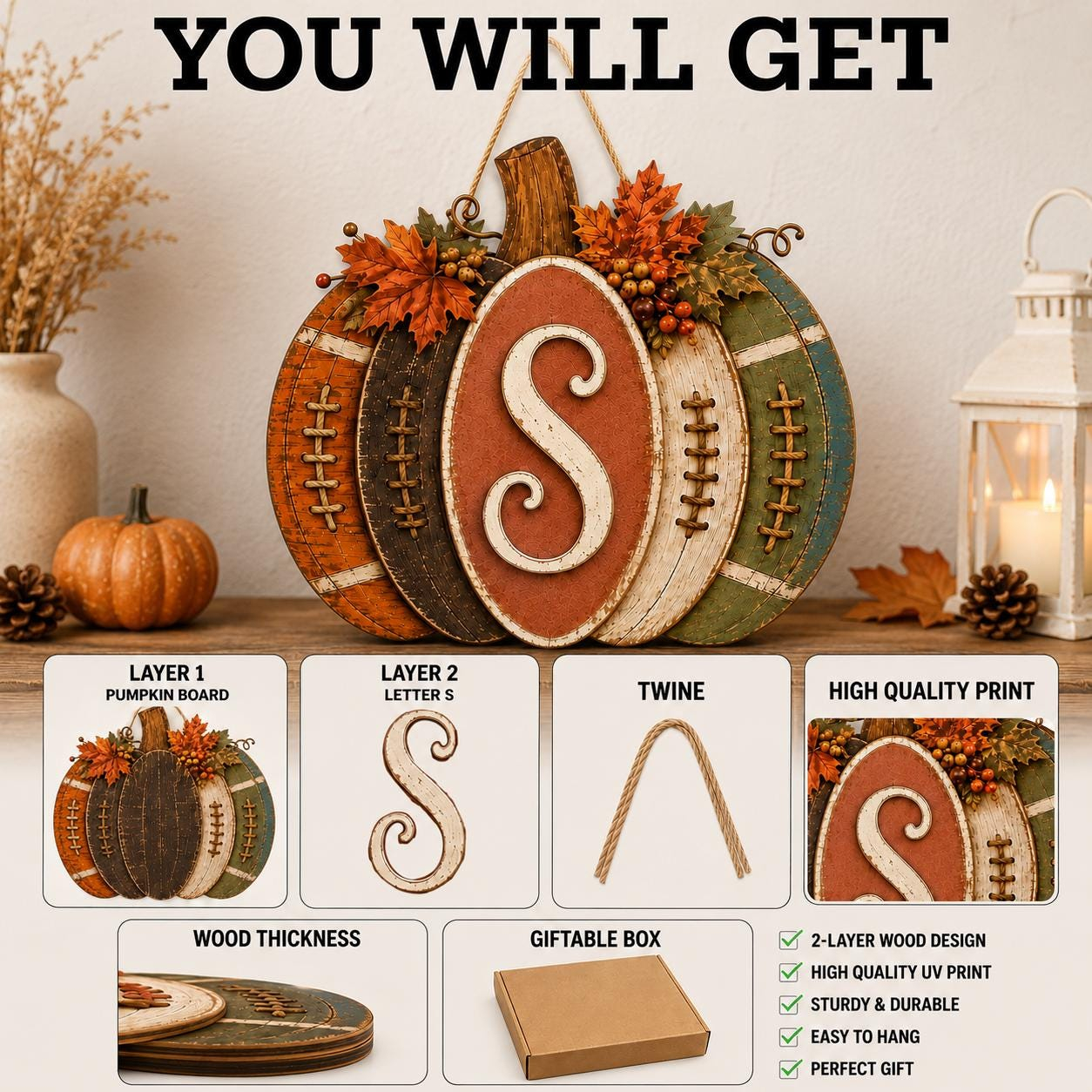 Personalized Football Pumpkin Door Hanger, Rustic Fall Wooden Monogram Sign, Farmhouse Autumn Porch Decor, GIFT 2026, Custom Initial