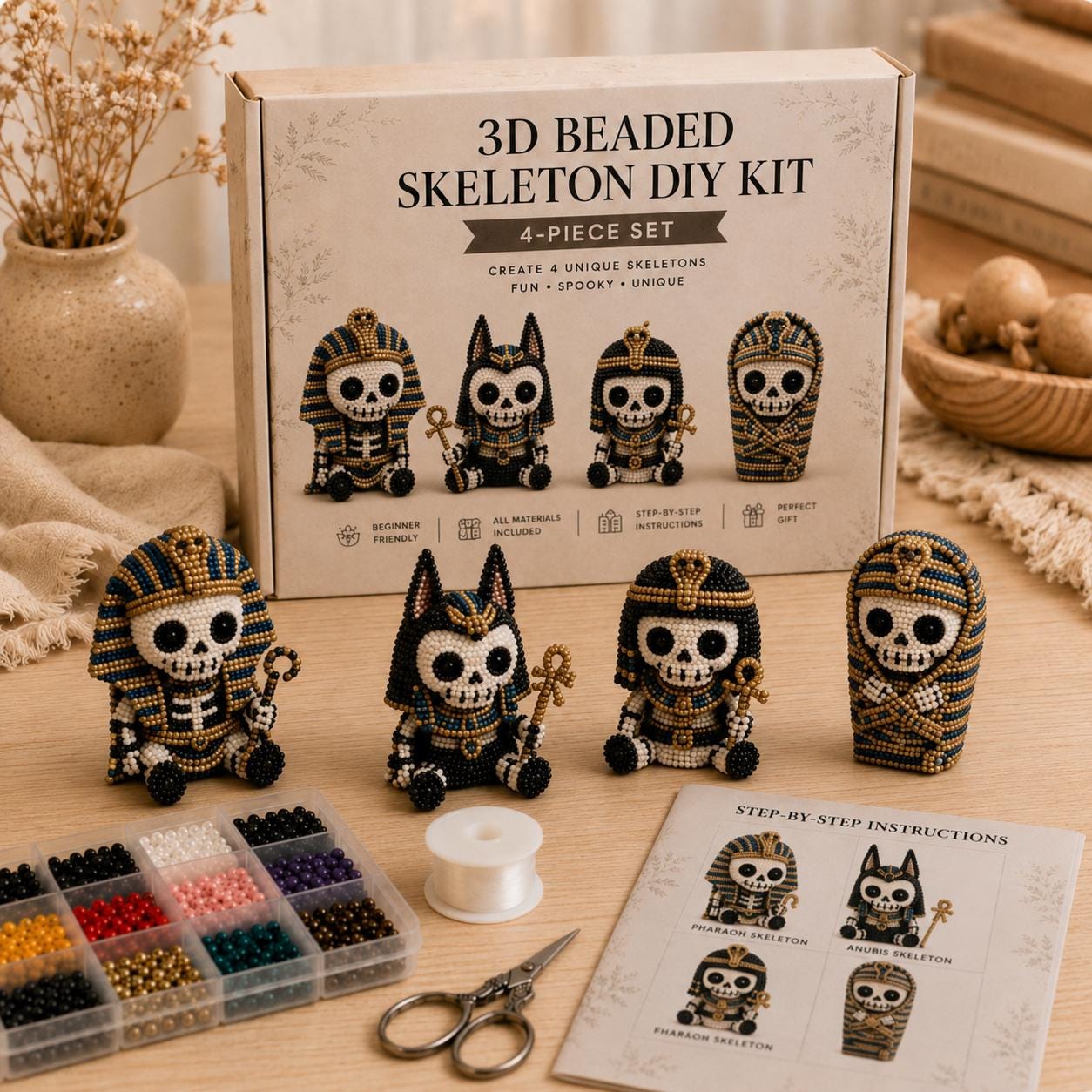 3D Beaded Egyptian Skeleton DIY Kit, 4-Piece Pharaoh Anubis Mummy Craft Set, Beginner Friendly Halloween Beading Gift
