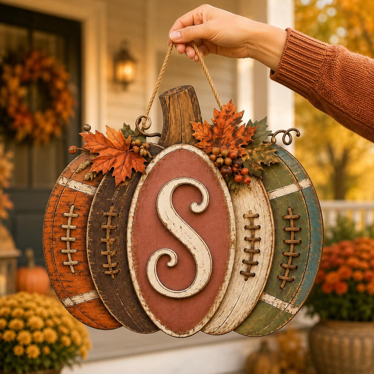 Personalized Football Pumpkin Door Hanger, Rustic Fall Wooden Monogram Sign, Farmhouse Autumn Porch Decor, GIFT 2026, Custom Initial