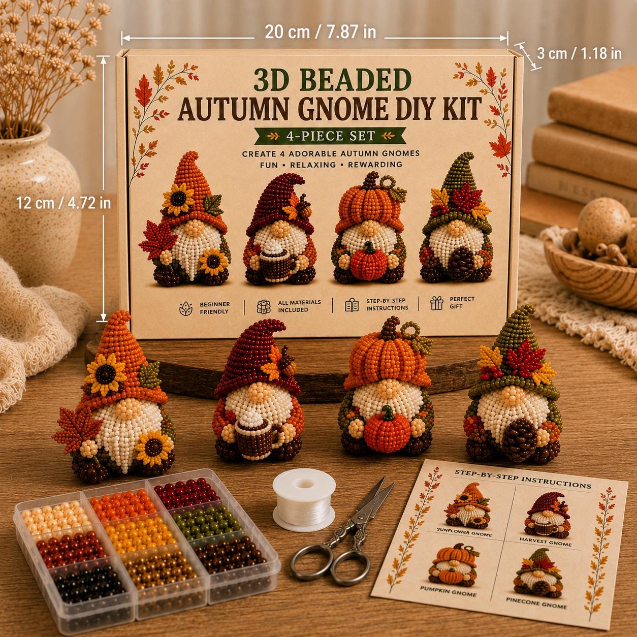 3D Beaded Gnome DIY Kit, 4-Piece Craft Set, Beginner Friendly Beading Project, Mini Handmade Decor Gift