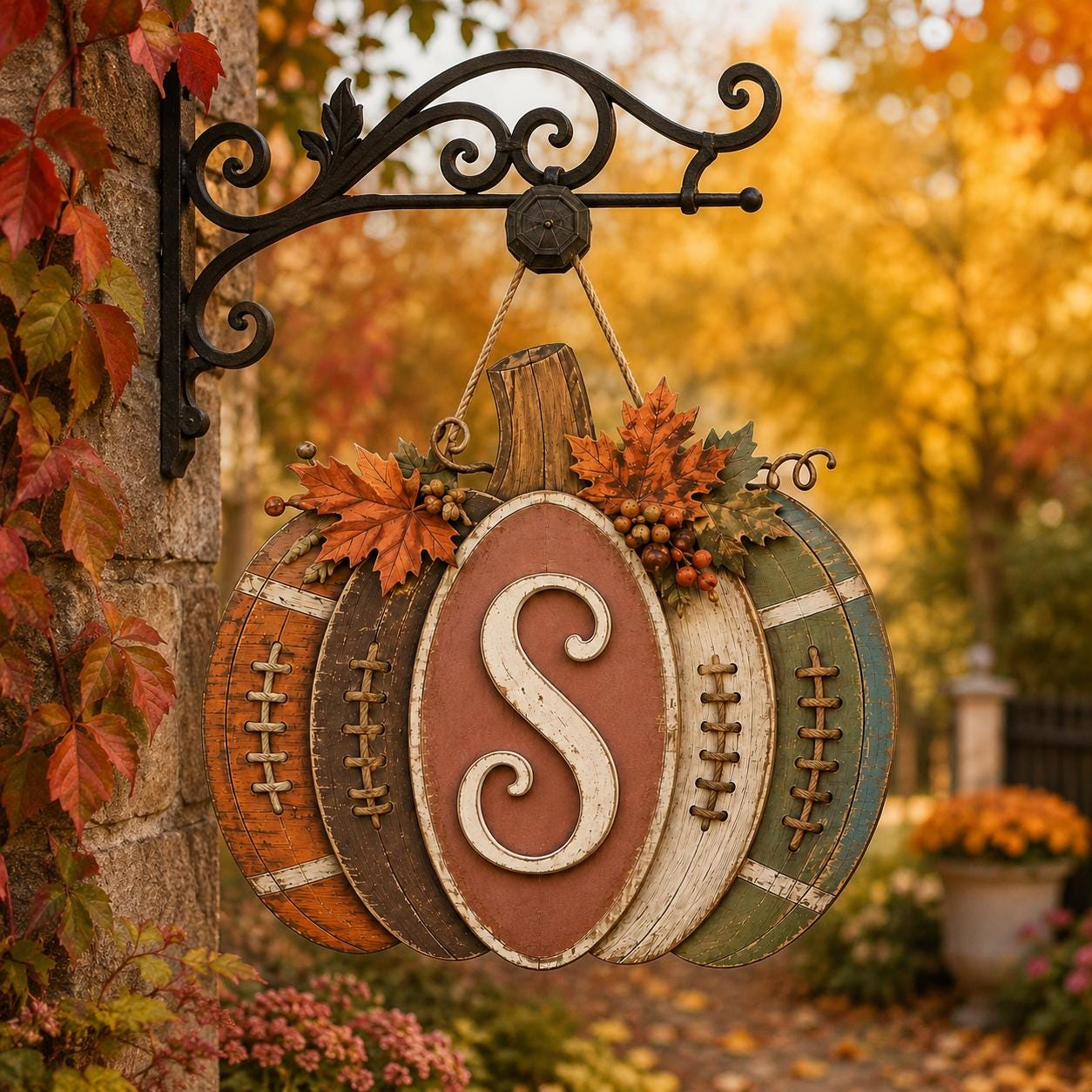 Personalized Football Pumpkin Door Hanger, Rustic Fall Wooden Monogram Sign, Farmhouse Autumn Porch Decor, GIFT 2026, Custom Initial