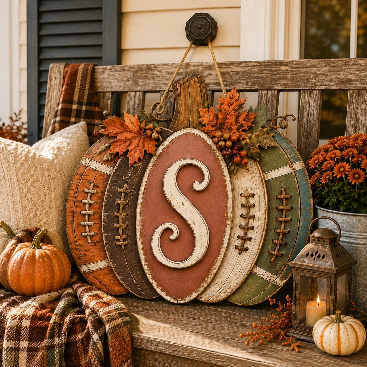 Personalized Football Pumpkin Door Hanger, Rustic Fall Wooden Monogram Sign, Farmhouse Autumn Porch Decor, GIFT 2026, Custom Initial