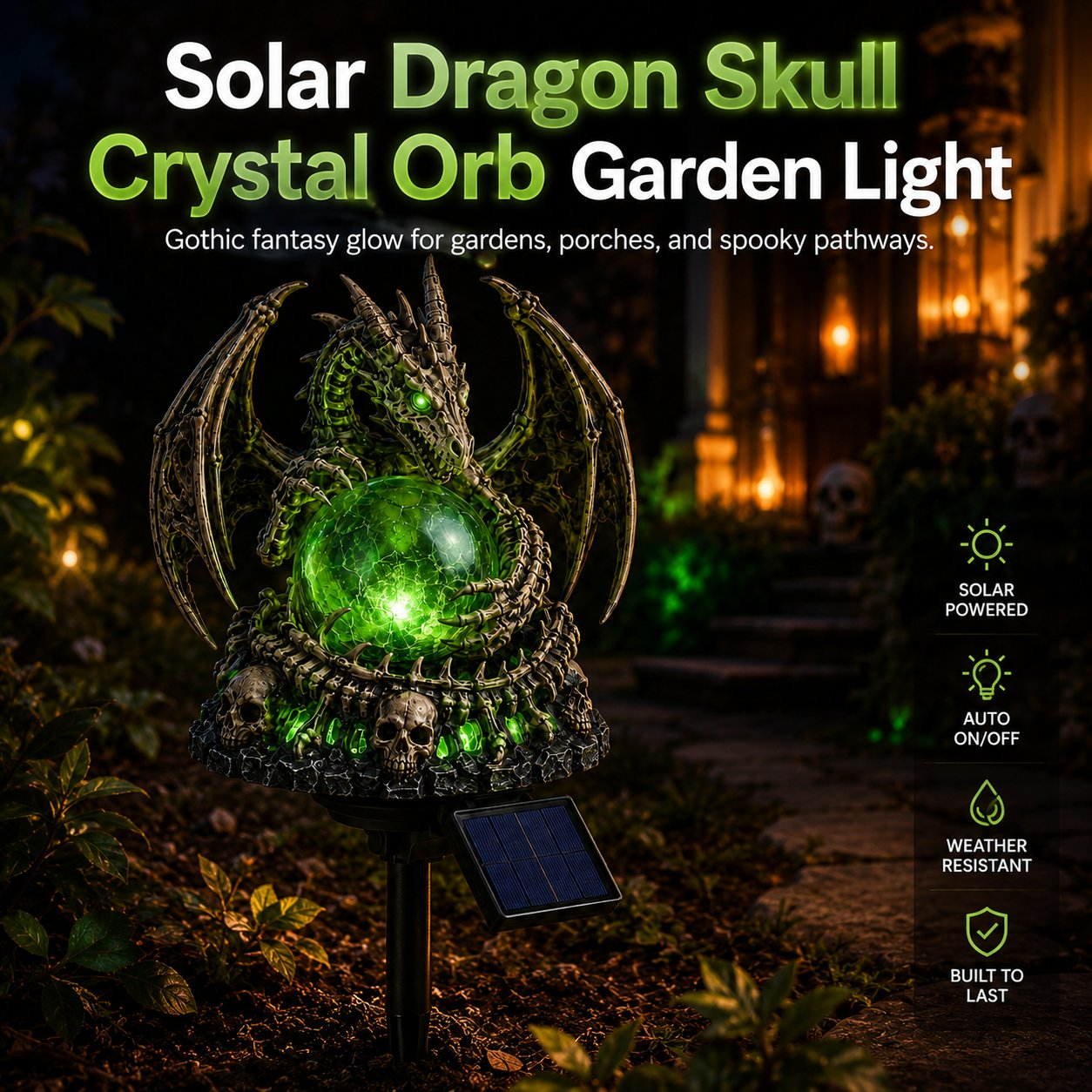 Solar Dragon Skull Crystal Orb Garden Light – Gothic Halloween Outdoor Decor